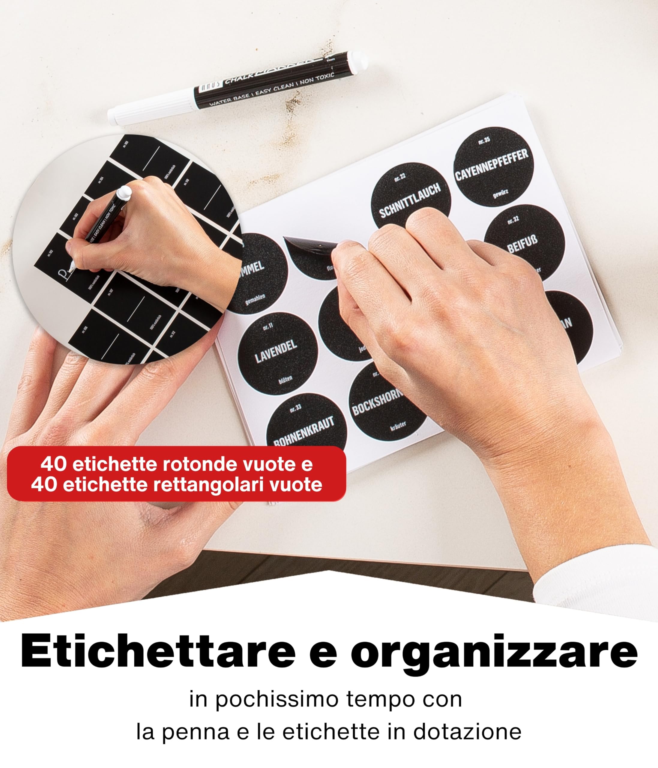 Deco haus® Cassetto portaspezie in plastico [CON 24 BARATTOLI PER SPEZIE ED ETICHETTE] - Organizer Spezie - Portaspezie Salvaspazio - Organizer Cassetti cucina