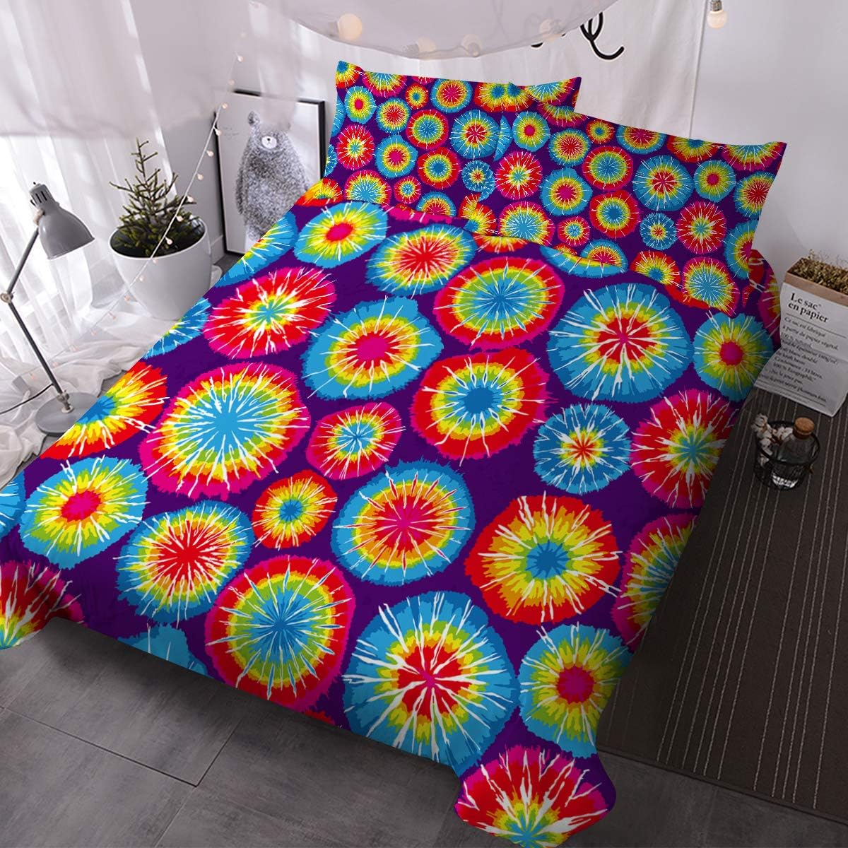 Blessliving Girls Tie-Dye Rainbow Tie Dye Bedding Abstract Circle Duvet Cover Set 3 Pieces Boho Hippie Comforter Cover Sets (Single)