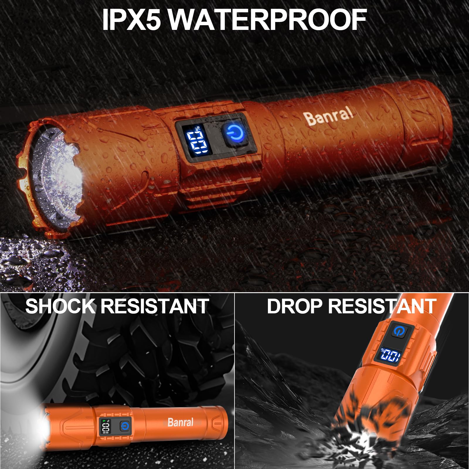 Linternas recargables de alto lúmenes, luz LED táctica súper brillante, potente linterna USB C impermeable para camping, emergencias, hogar, 5 modos, zoom (1, naranja)
