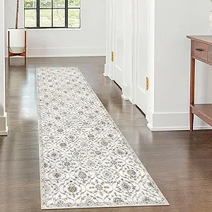 KILOCOCO 2x7 Runner Rug, Moroccan Super Soft Washable Hallway Entryway Runner Rug, Accent Print Faux Wool Kitchen Runner Rug 7 Feet Non-Slip Runners Boho Rug Runners for Bedroom, Cream Beige Grey