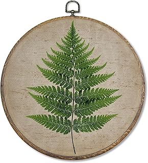 FUGWN Vintage Fern Botanical Round Wall Art Decor Framed, Retro Green Fern Plant Canvas Artwork Prints, Vintage Botanical Wall Hanging Decorations for Home Bedroom Living Room, 10x10 Inch
