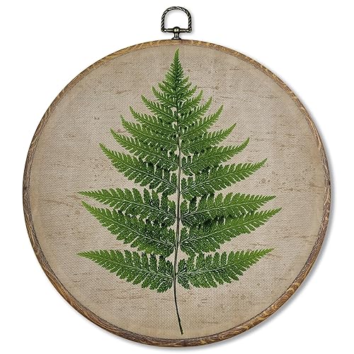 FUGWN Vintage Fern Botanical Round Wall Art Decor Framed, Retro Green Fern Plant Canvas Artwork Prints, Vintage Botanical Wall Hanging Decorations for Home Bedroom Living Room, 10x10 Inch