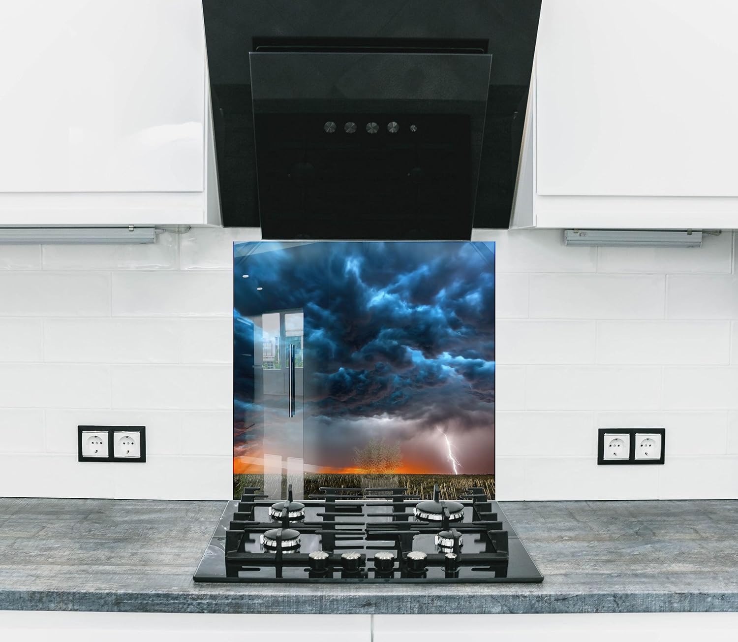 Myphotostation.com 35.4Wx14H''Tempered Glass Clouds Lightning Backsplash Design Cooker Wall Backsplash Panel Glass Splashback for Kitchen Panel Design Sky View Splashback Tile