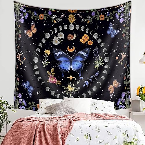 Miniatura 8 de LANG XUAN Tapiz de plantas de diente de león y mariposas para colgar en la pared, tapiz floral de flores silvestres, tabla de referencia, paisaje