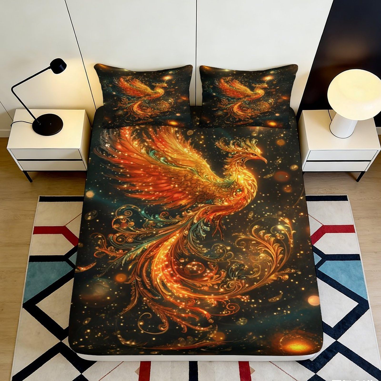 3D Printed Fiery Phoenix Fitted Sheet Microfiber Soft Breathable Mythical Bird Mattress Cover for Bedroom Dorm Decor 90x200x25cm