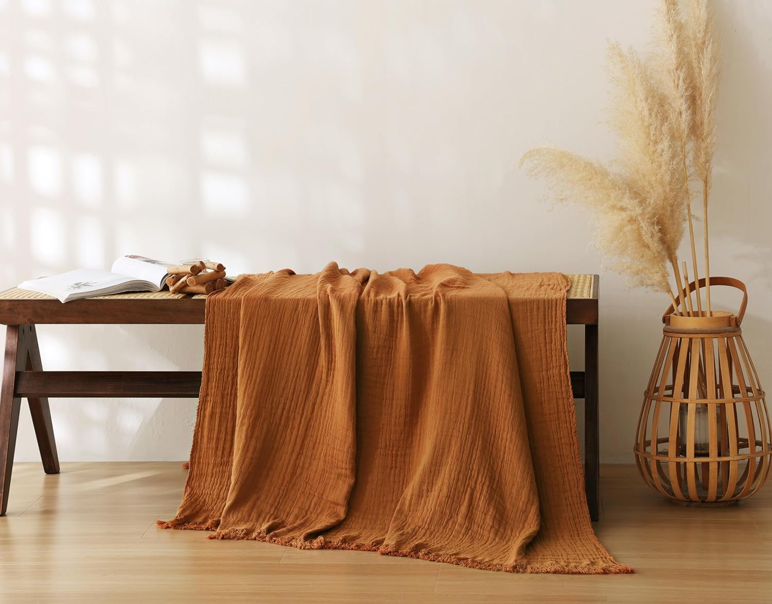 100% Cotton Muslin Throw Blanket for Bed, Couch, Small, Decorative, Soft, Pre-Washed, Breathable and Lightweight Gauze Blanket with Tassels, Grey Blue, 50"x60"