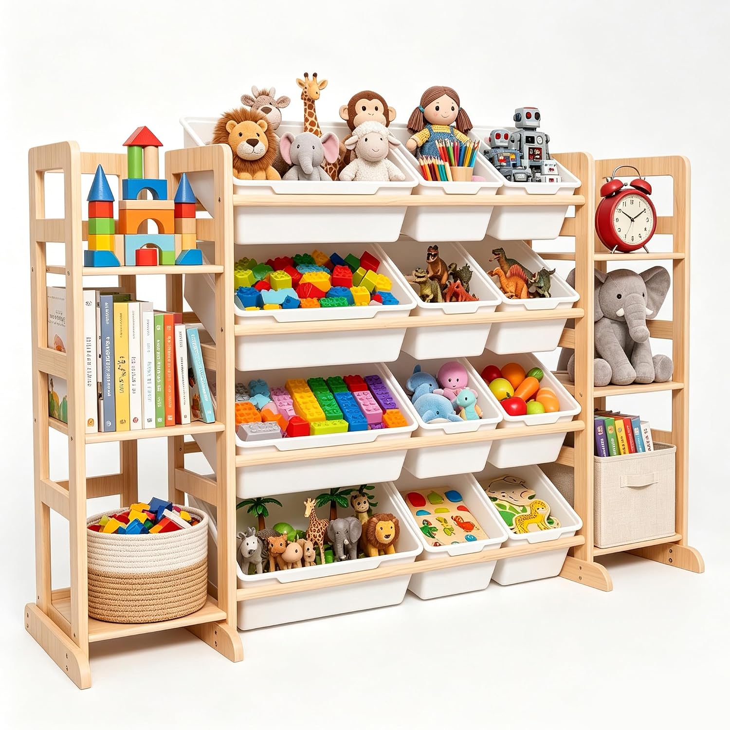 Kiddocood Kids Toy Storage Organizer with 12 Bins, 100% Solid Wood - Natural Finish Montessori Toy Organizer, BPA Free, CPC & TIC Certified Playroom Organization for Living Room & Nursery, 52.3"