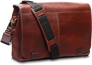 Dolce Mens Leather Laptop Bag - Full-Size Genuine Italian Leather Work Briefcase Bag for Men - Computer or Laptop/Tablet Pockets RFID-Blocking Pocket, Trolley Strap Dark Brown