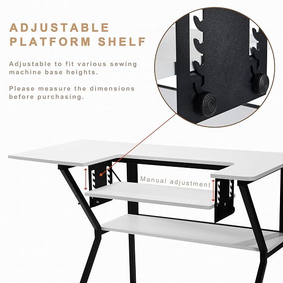Sewing Table, Large Sewing Machine Table with Adjustable Platform and Storage Shelf - White