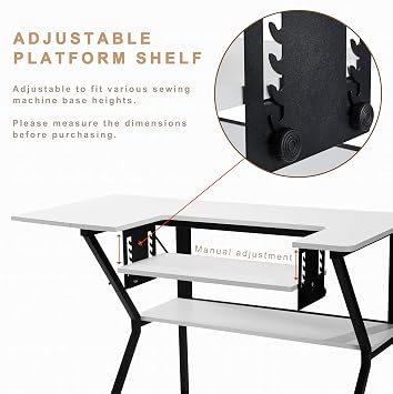 Sewing Table, Large Sewing Machine Table with Adjustable Platform and Storage Shelf - White