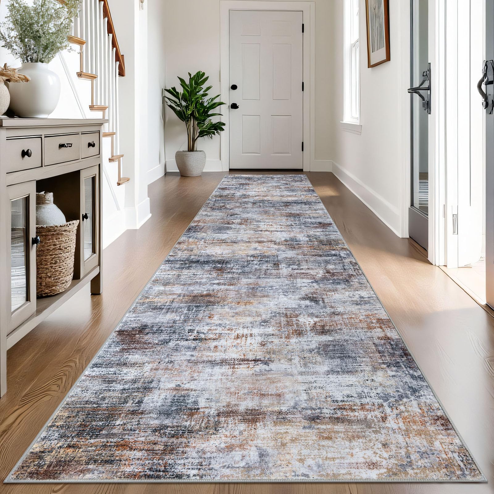 IOHOUZE Abstract Runner Rug 3x14 Ft Washable Runners for Hallways, Non Slip Kitchen Runner Printed Faux Wool Entryway Runner Indoor, Modern Abstract