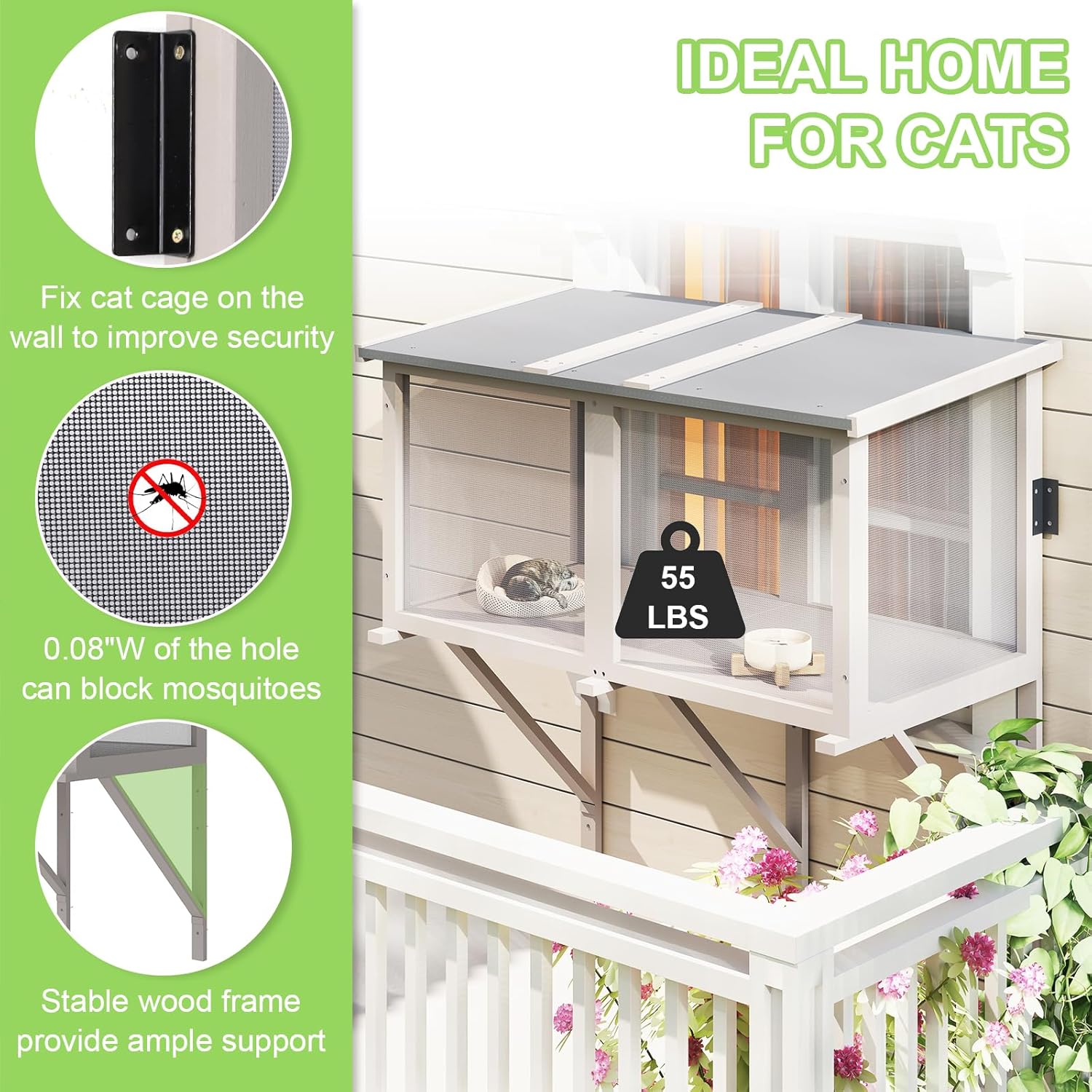 46.8" L Cat Window Box,Outdoor Enclosure for Indoor Cats,Wooden Window Catio for 1-3 Cats,Cat Wall-Mounted Perch Suitable for Wooden & Cement Wall for Sunbathing,Napping,Overlooking