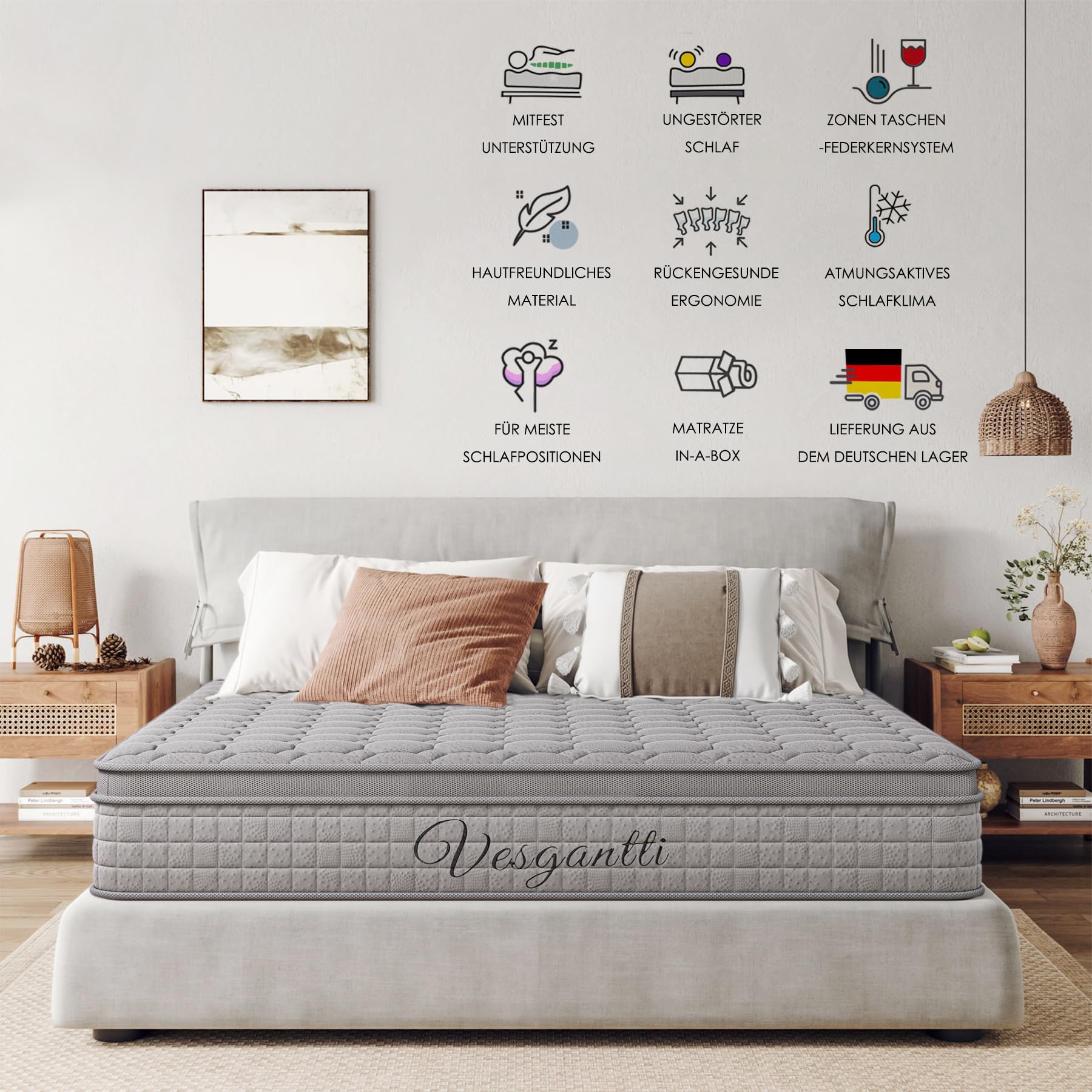 Vesgantti Hybridmatratze 120x200, H3 7-Zonen Druckentlastung Orthopädische Matratze, Taschenfederkernmatratze Oeko-TEX Zertifiziert, atmungsaktiv (30 cm Tight Top, grau)‌