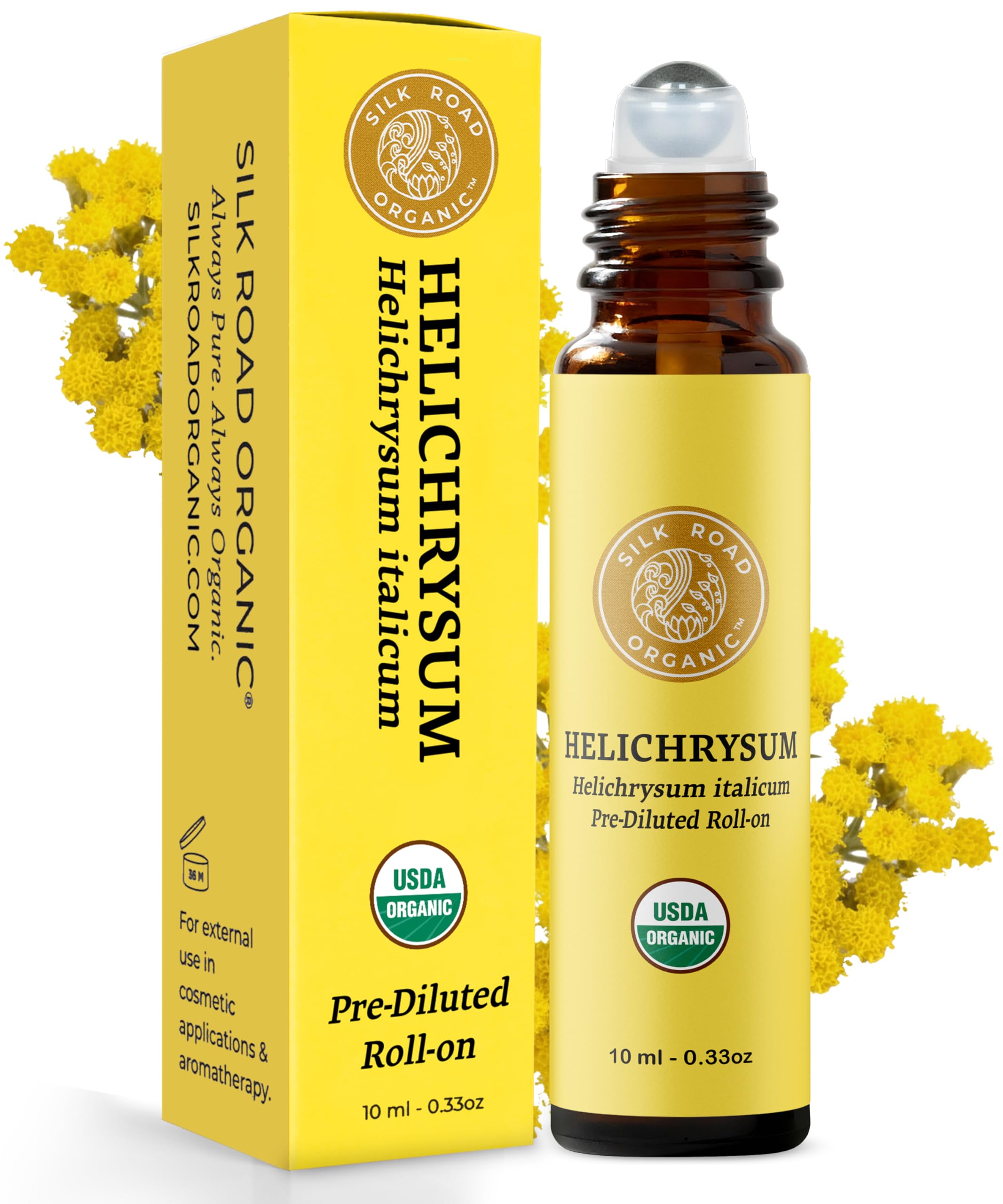 Silk Road Organic Helichrysum Italicum Essential Oil Roll On, 100% Pure USDA Certified Aromatherapy for Skin Vitality & Anti-Aging - 10 ml Roller - Always Pure, Always Organic