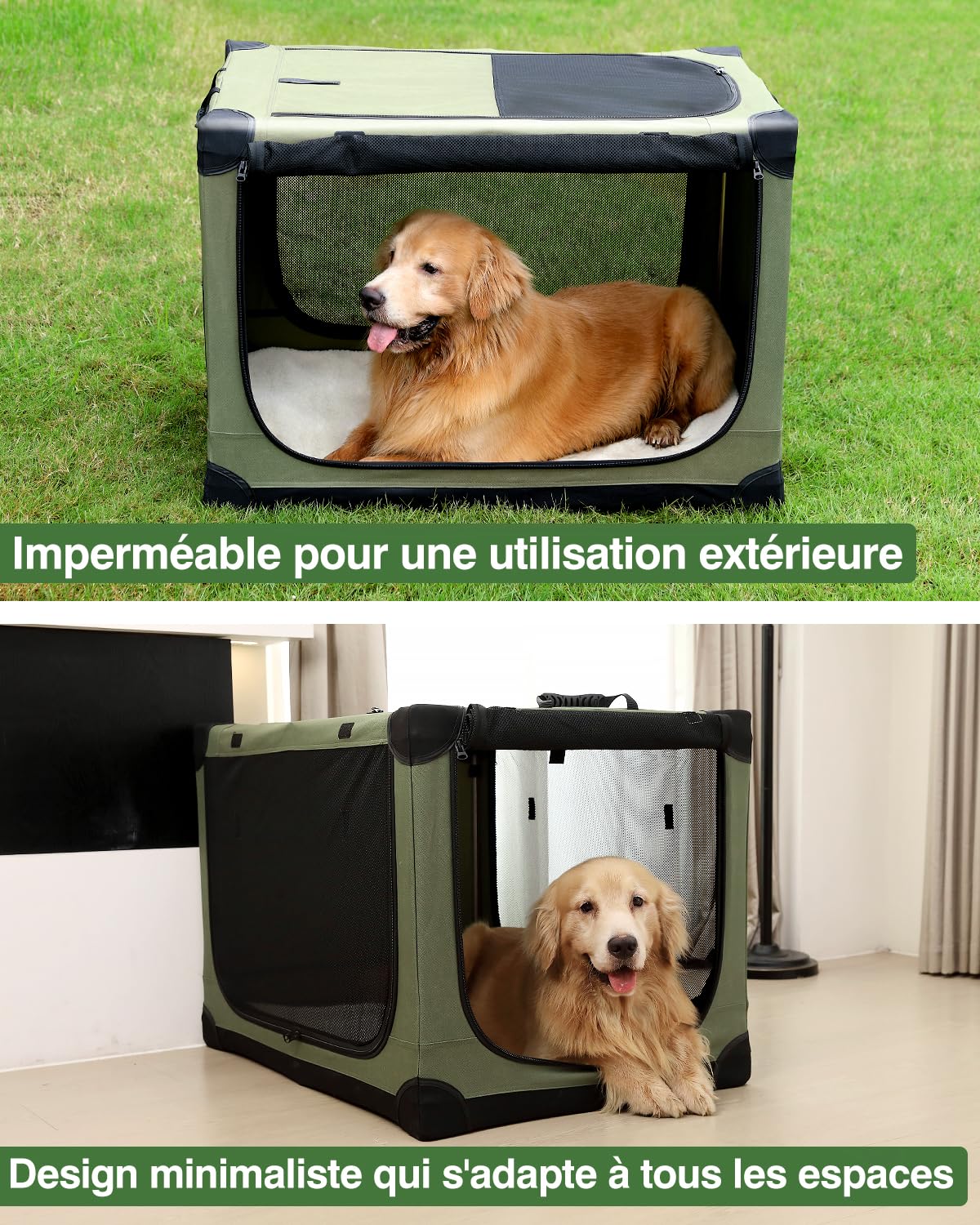 derimkcoa Caisse de Transport Pliable pour Chiens, Cage pour Chien avec Tapis épais, Caisse de Transport pour Chien Manchon en Tissu réglable, Portes en Maille Respirante,106 * 78 * 78cm,Vert