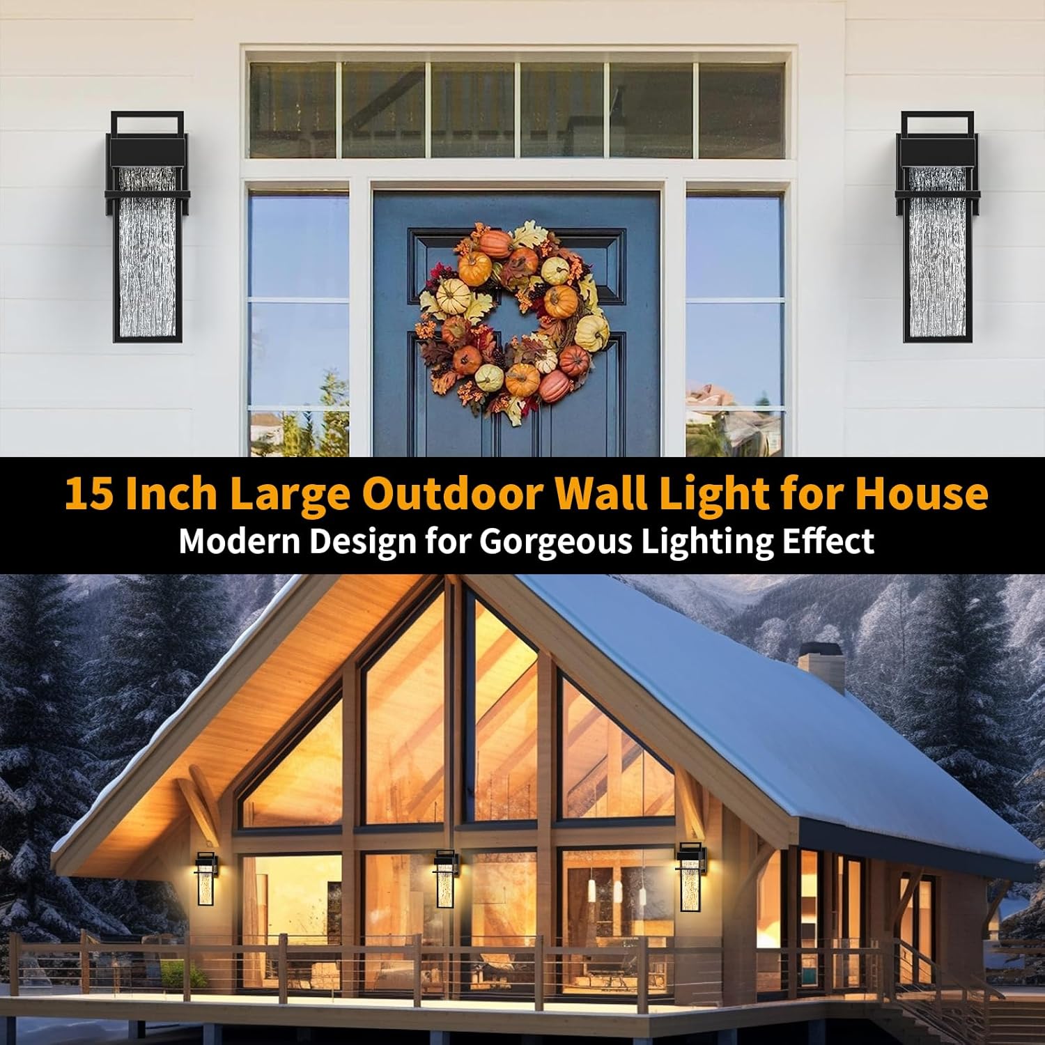 15'' Outdoor Wall Lights 2 Packs, 3000K Integrated LED Outdoor Sconce, Modern Exterior Lighting Fixtures with Rippled Glass, Waterproof Porch Light Outside Lights for House Garage Patio, Black