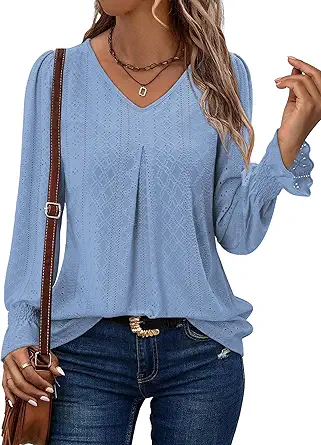 KISSMODA Long Sleeve Fall Shirts For Women V Neck Tunic Tops Embroidered Button Down Knitted Blouses 2025
