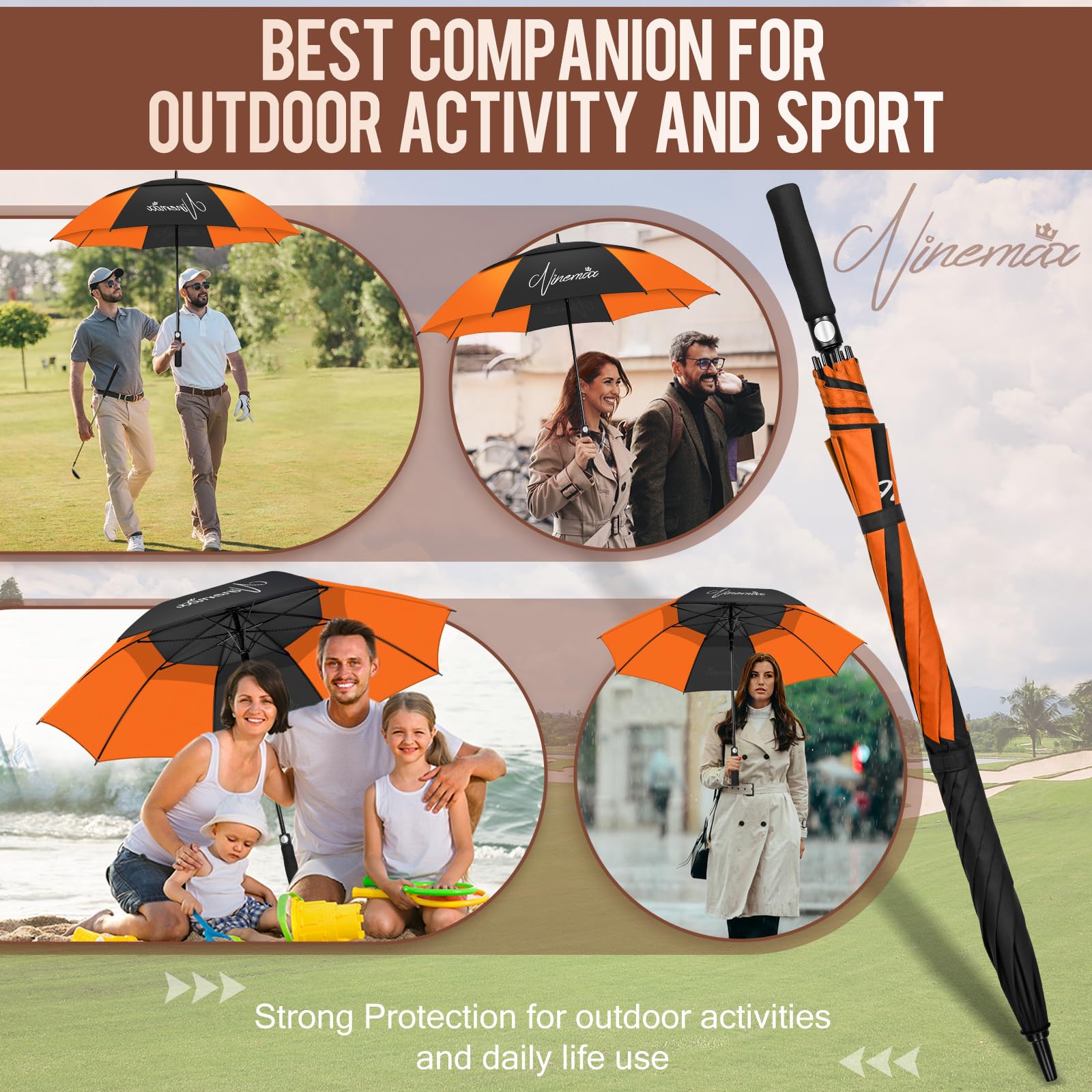 NINEMAX Grand Parapluie Golf, Ombrelle Grande Taille Anti Vent Solide Résistant, XL/XXL Parapluies Geant Tempete Incassable pour Homme Femme 2 Personnes