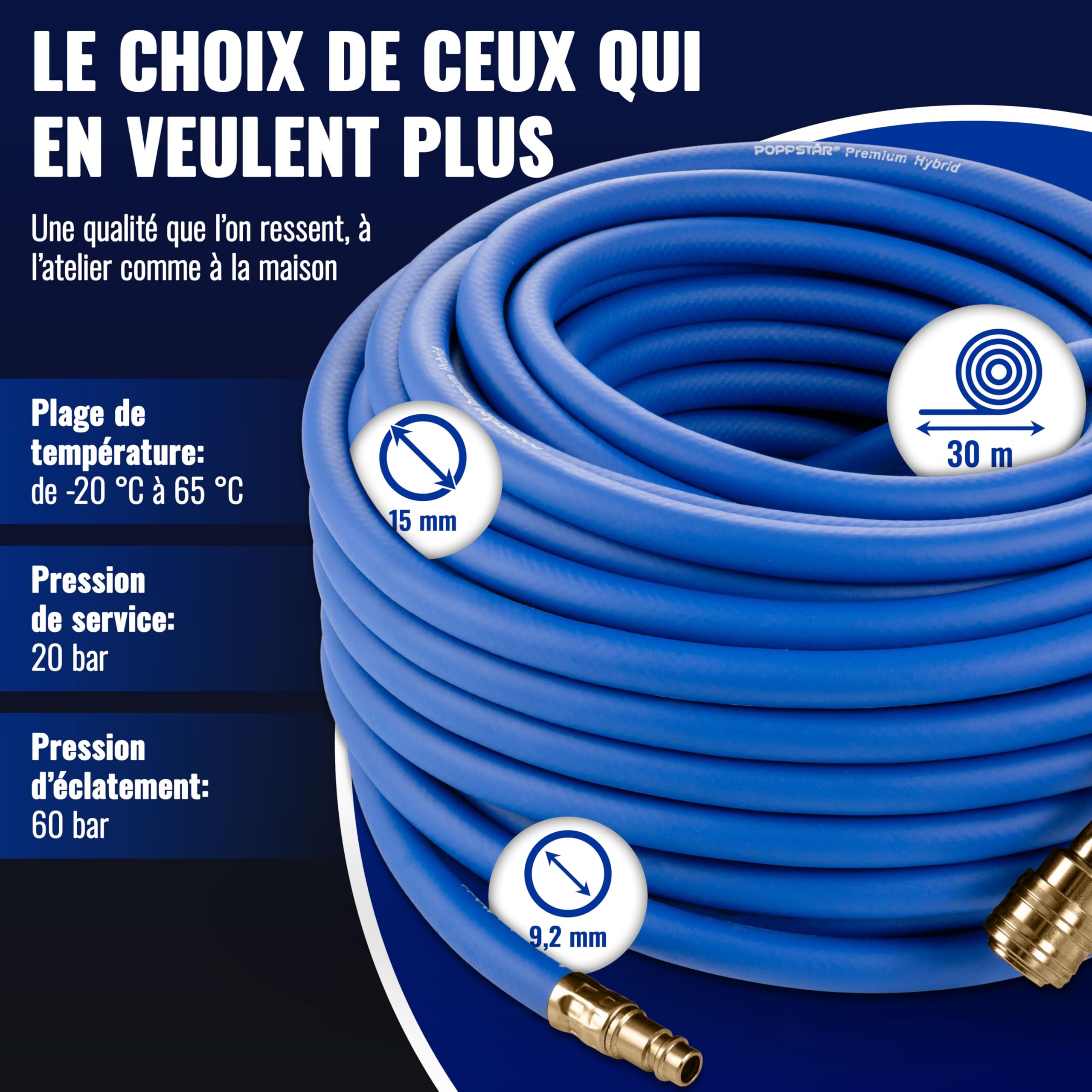 Poppstar Tuyau à Air Comprimé 30 m (PVC Hybride avec Tissu, Diamètre Intérieur 9,2mm avec Raccord Rapide en Laiton & Raccord de Tuyaux) jusqu'à 20 bar, Bleu