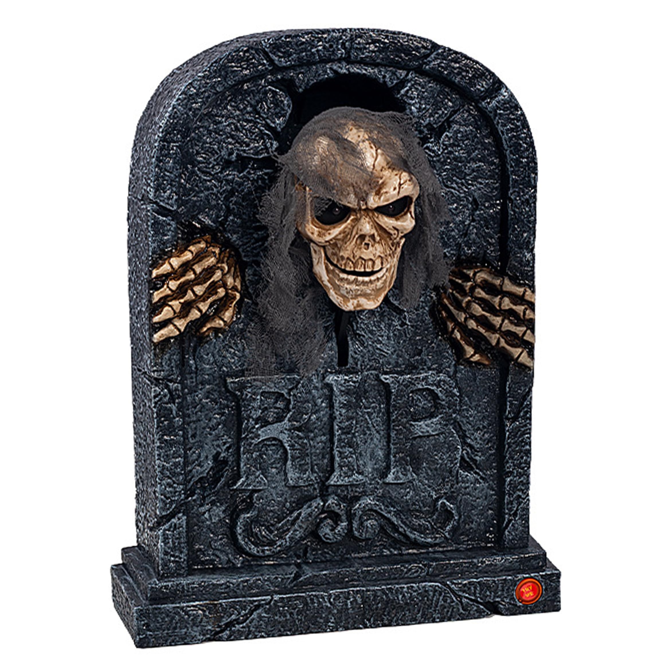 Sjfbebsy Animatronic Skull Gravestone for Halloween, Motion Activated Yard Decoration with Glowing Eyes & Sound, Black