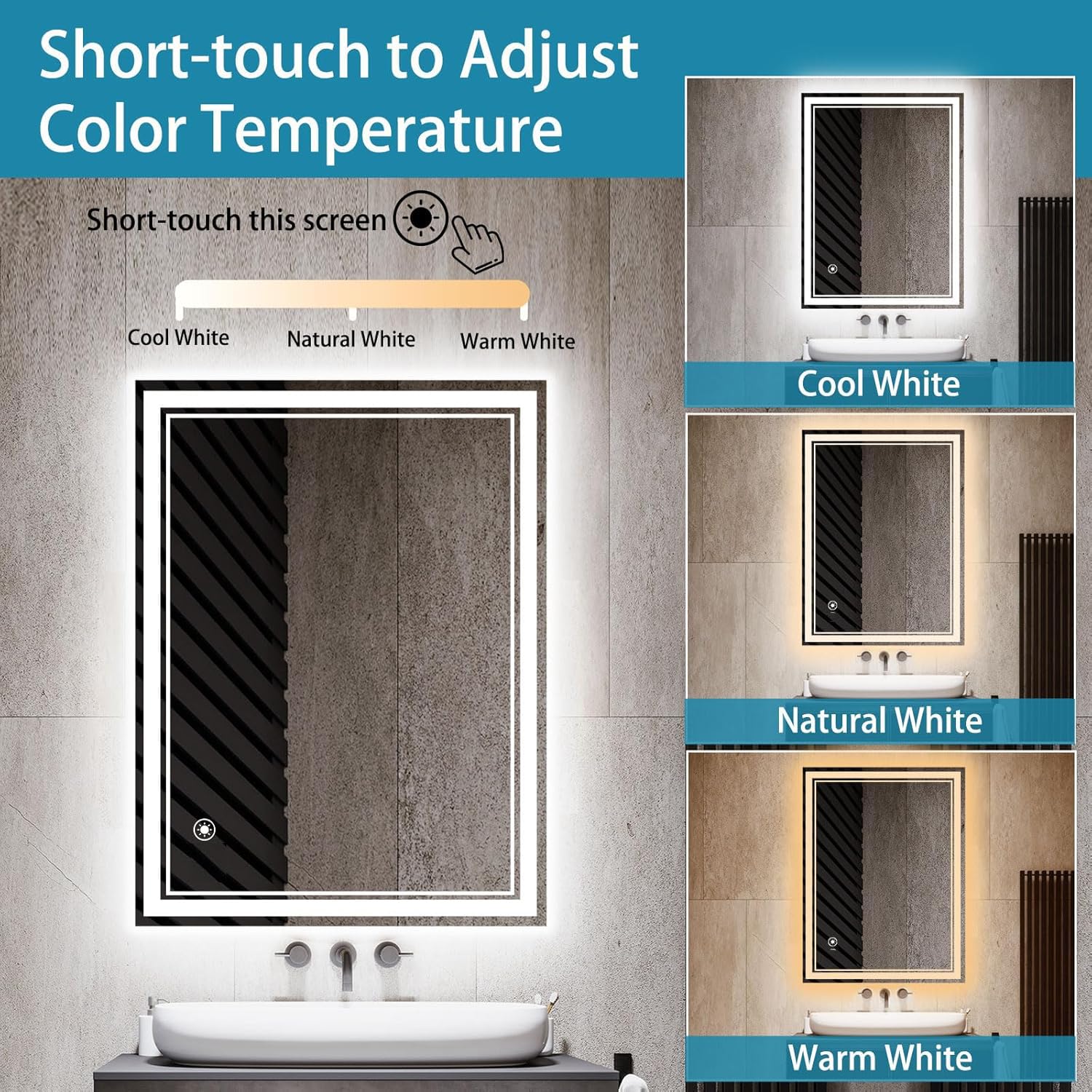 Specchio da bagno a LED con illuminazione, 90 x 70 cm, 3 colori chiari/dimmerabile