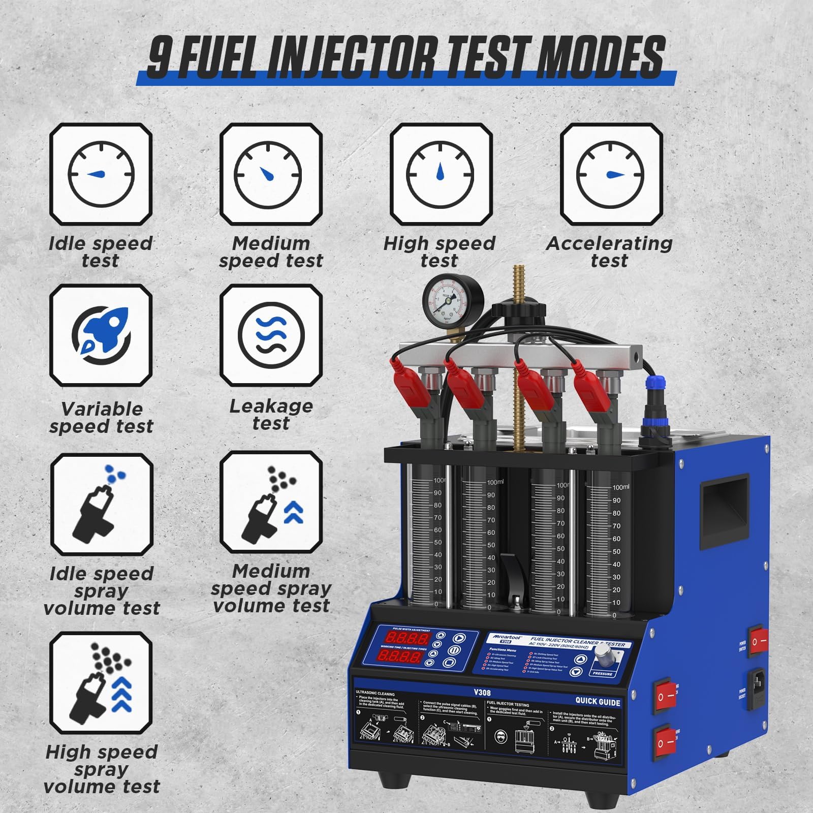 BELEY V308 Nettoyeur et Testeur d'injecteur de Carburant avec 11 Fonctions, 4 Cylindres Machine à Nettoyer à Ultrasons avec Chauffage, pour de Véhicules et Motos