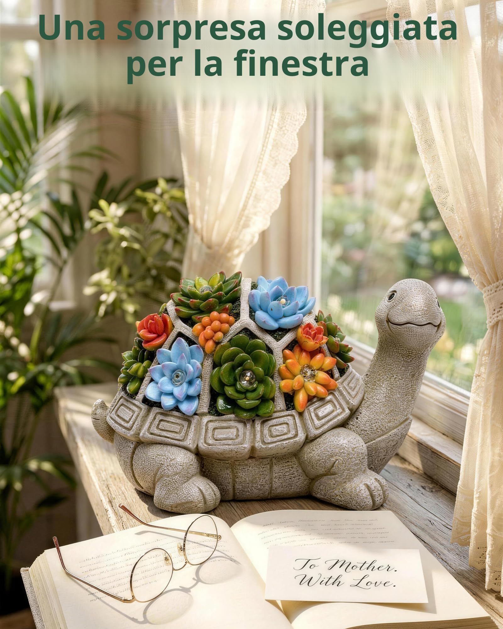 Yeomoo - Statuetta da giardino a energia solare a forma di tartaruga con piante grasse e 7 luci a LED, decorazione per esterni, casa, balcone, camera da letto