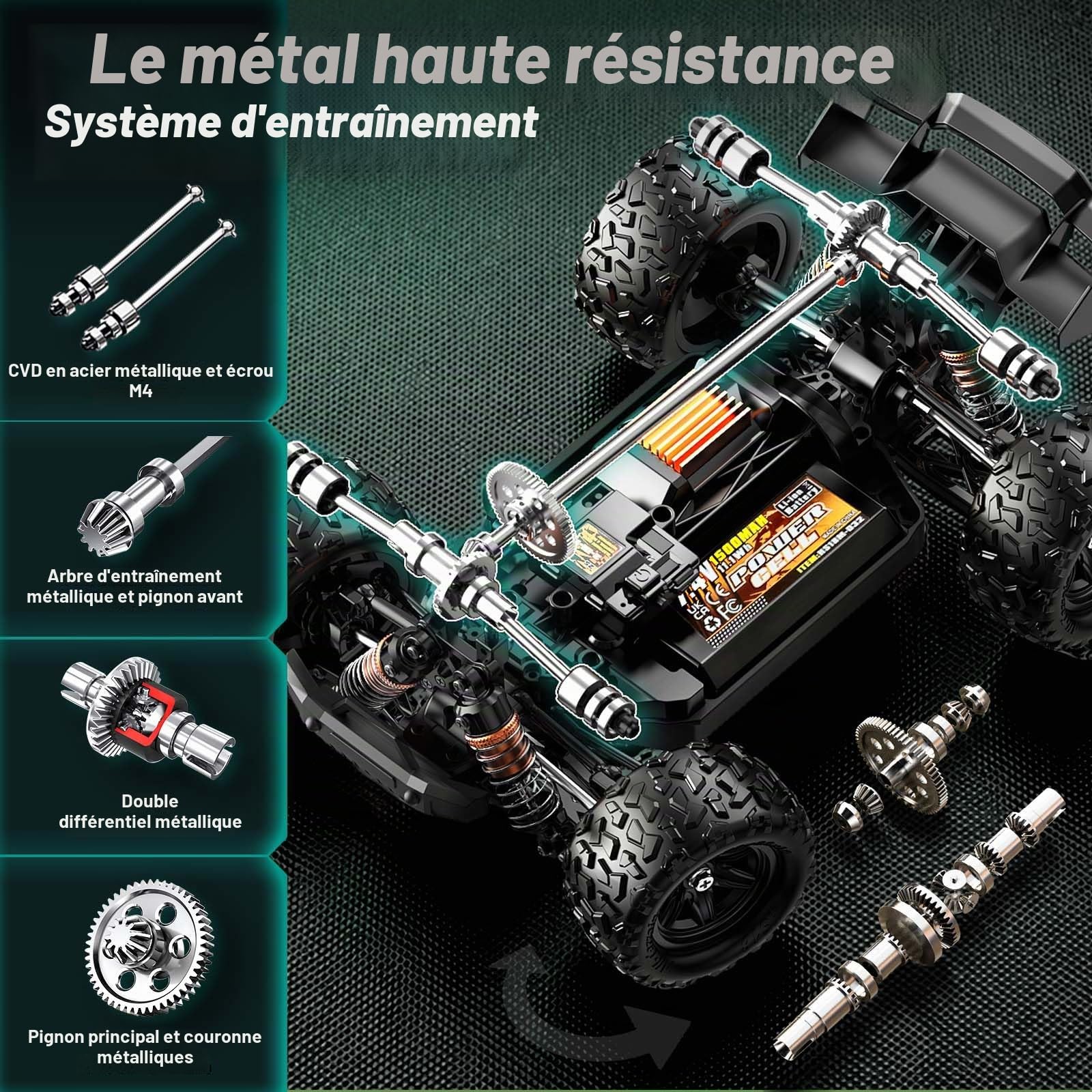 Voiture Télécommandée Brushless 1:18 4WD 52 km/h pour Adultes et Enfants dès 10 Ans, Voiture RC Tout Terrain, Transmission Métallique, Amortisseurs Hydrauliques, 2 Batteries, 2 Carrosseries