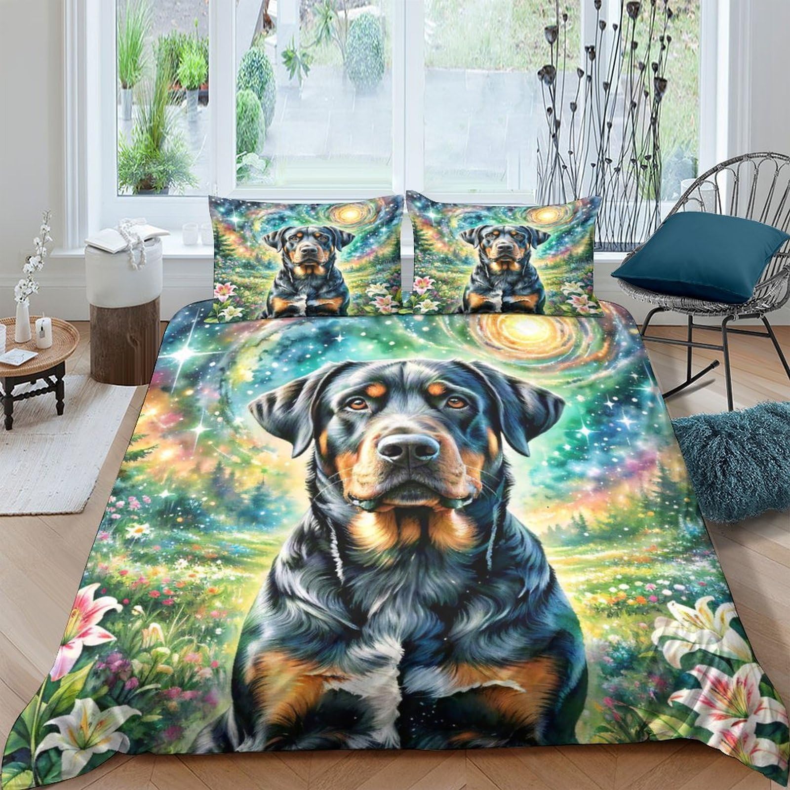 Ctjqhvkz Style-5 3D Printed Rottweiler Garden Fitted Sheet Microfiber Soft Breathable Dog Art Mattress Cover For Bedroom Decor Single（135X200cm）
