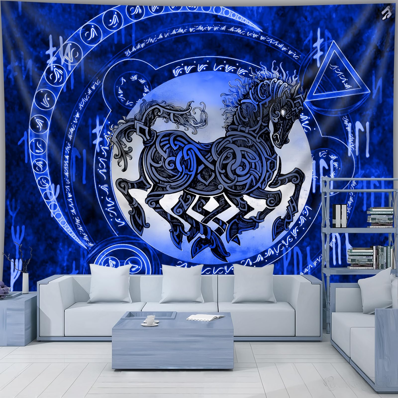 Arsey Odin Horse Viking Tapestry Wall Hanging, Mysterious Meditation Psychedelic Runes Tapestries for Living Room Bedroom Decor, Blue 300 x 180 cm โ image 1