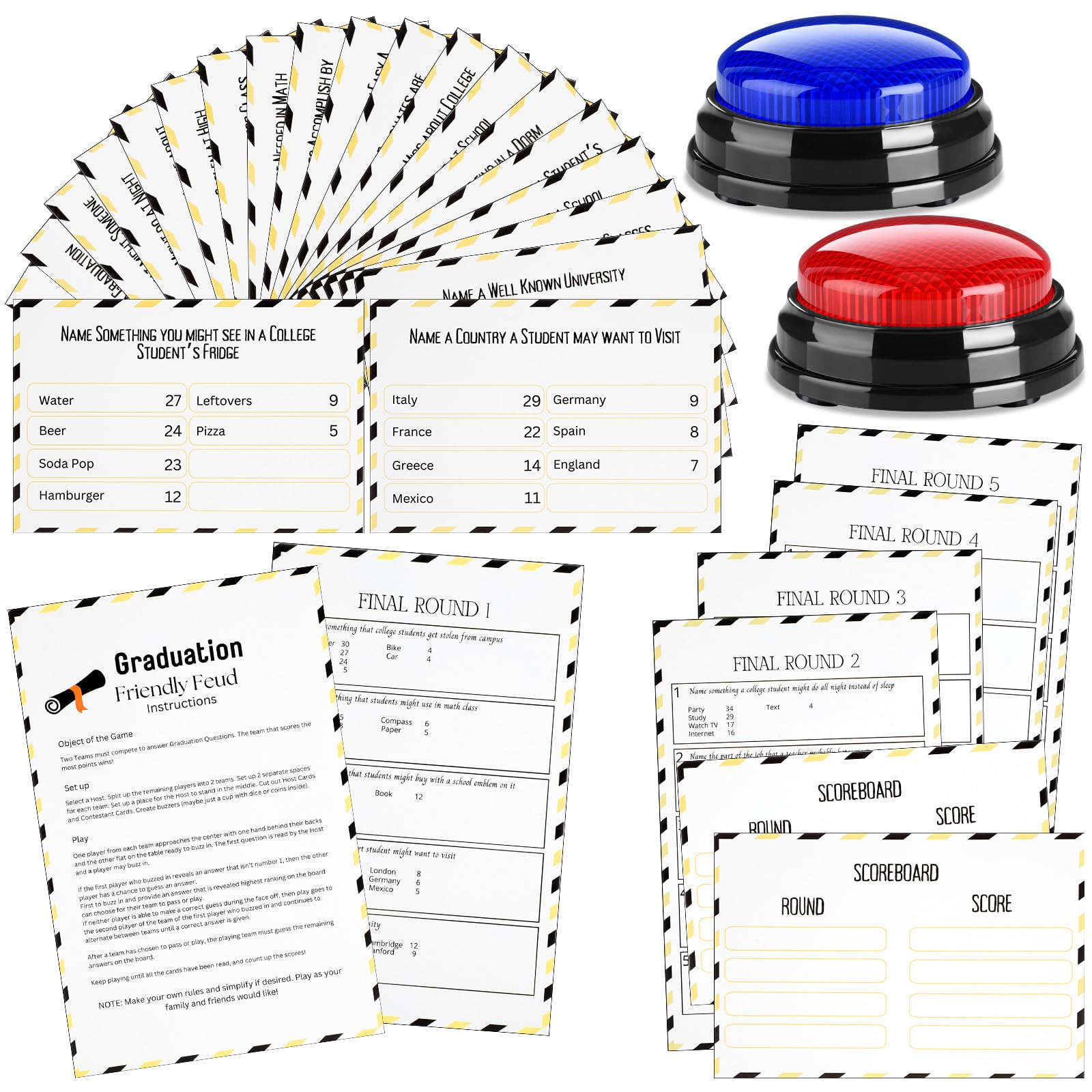 Abschluss-freundliches Feud-Spiel mit 2 Antwort-Summern, Grad Feud Karten für Familienspielabend, Spaß, Quiz für Klassenparty, Gruppen, Clubs, Teambuilding