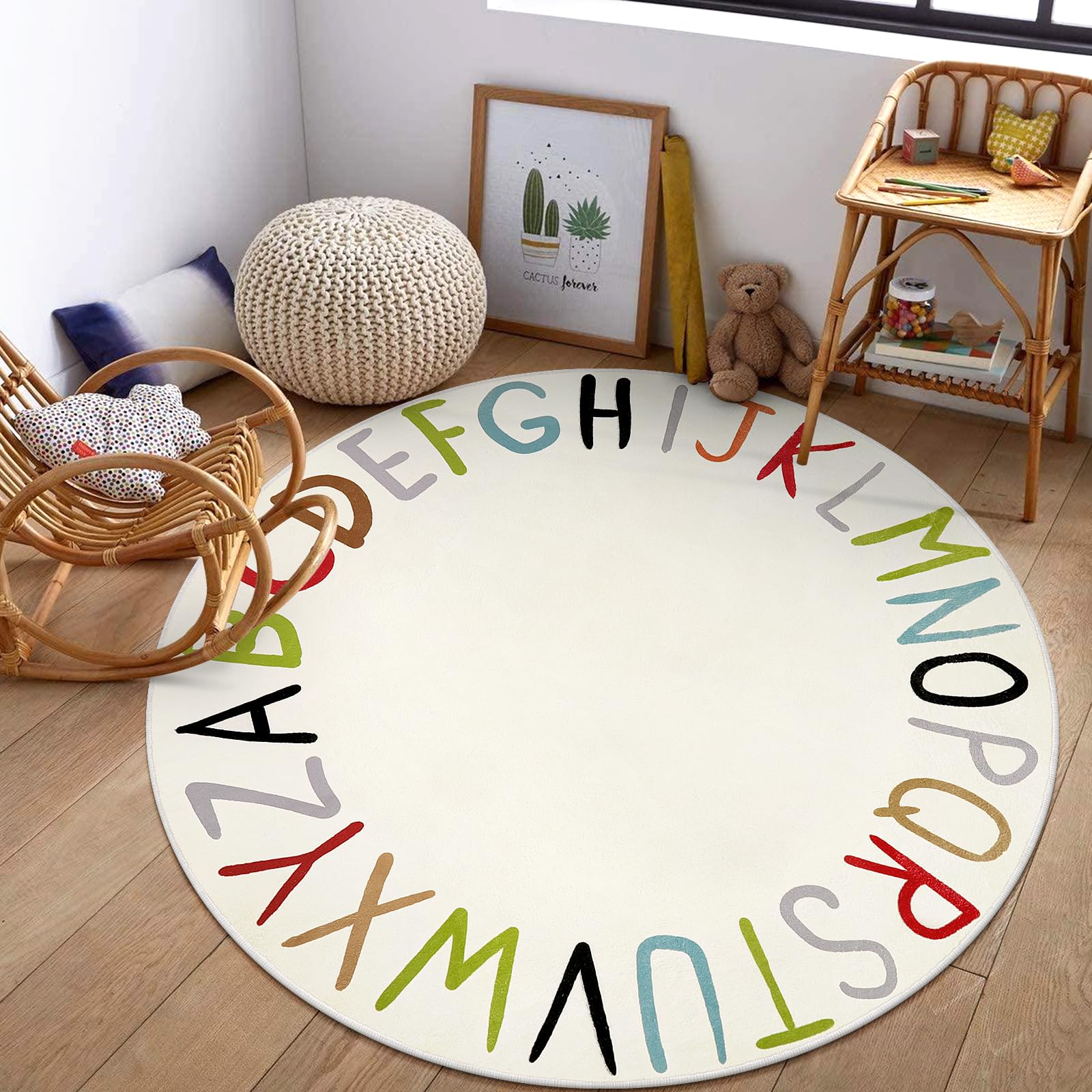 LIVEBOX ABC Play Room Round Kids Rug,Large Colorful Rug for Nursery, Rainbow Area Rug for Classroom, Circle Washable Rugs Educational Alphabet Carpet