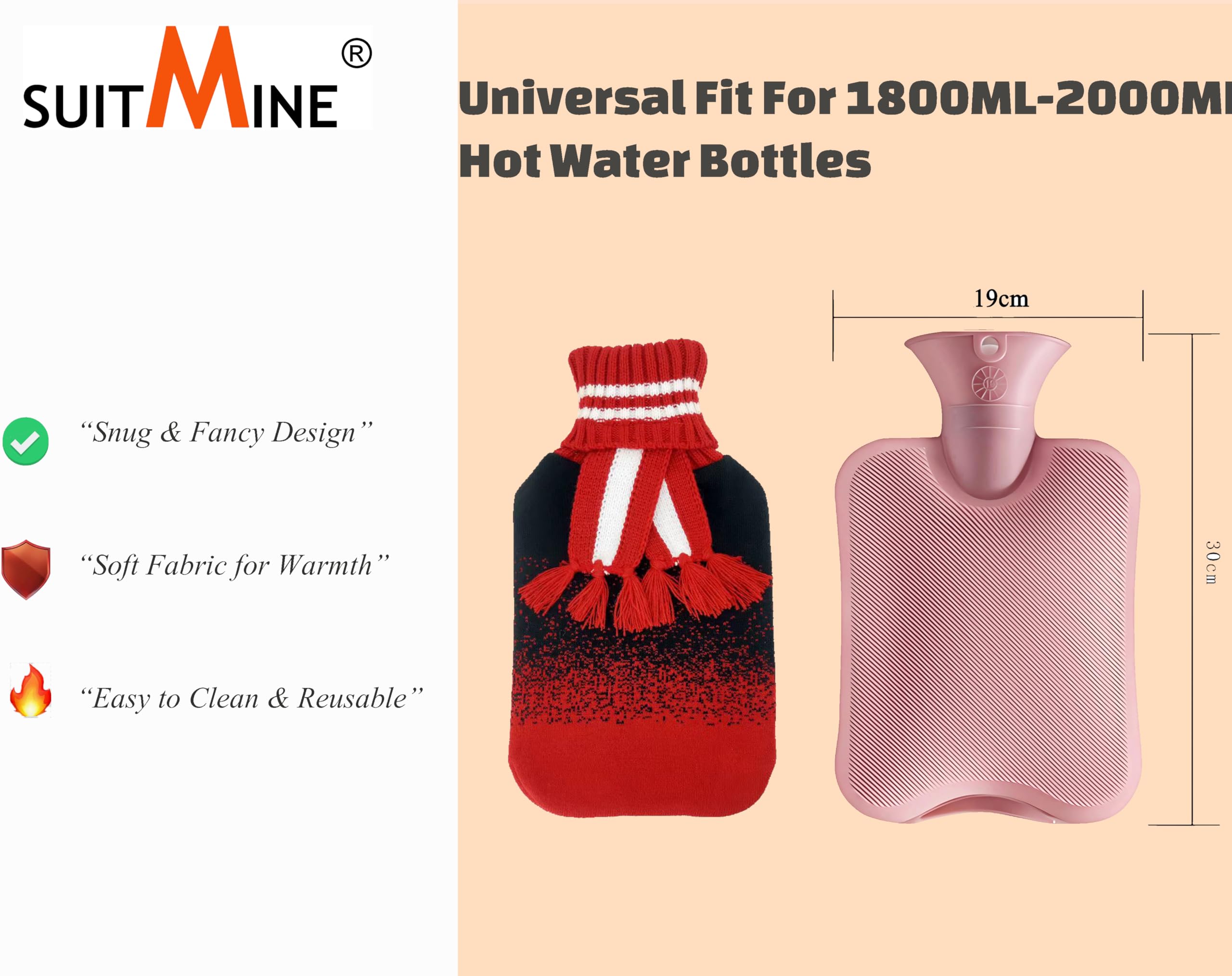 suitmine 2L Hot Water Bottle Cover Soft Knitted Cover Only for Pain Relief Hot and Cold Therapy,Hands Feet Abdomen and Neck Warmer,Black-red