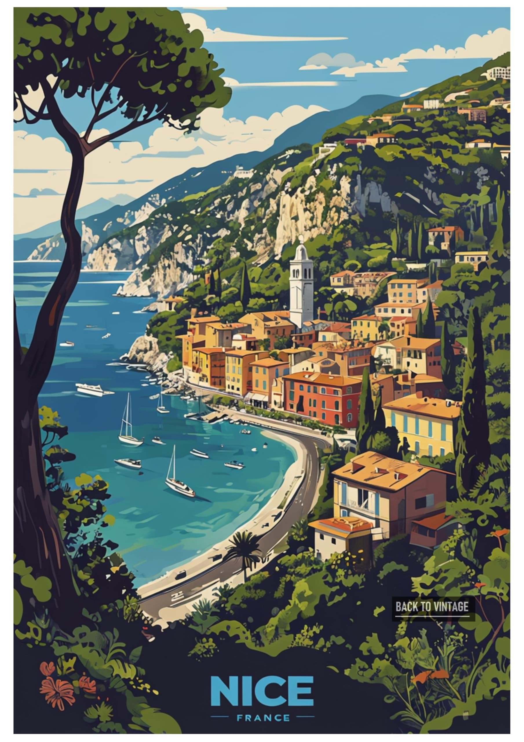 Vibrant Illustration Of Nice France's Coastal Village - Retro Europe Travel Poster A4 Size Vintage Wall Art Print of Famous European Destinations Ideal for Home or Office Decor