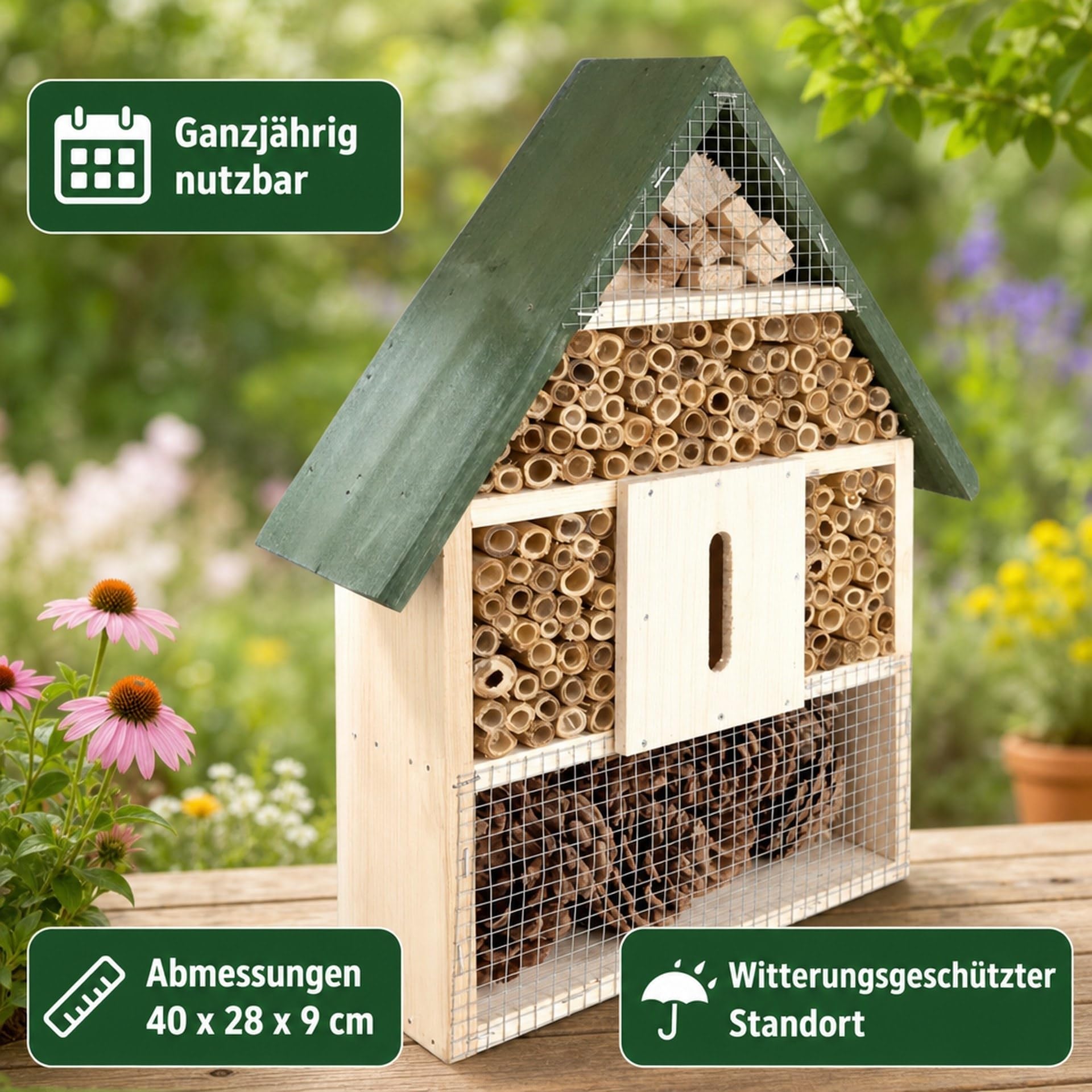 Insektenhotel XXL 40x28x9 cm aus Kiefer Bambus Pinie - für Wildbienen Marienkäfer Schmetterlinge Artenschutz Garten Ganzjährig Sonniger Standort