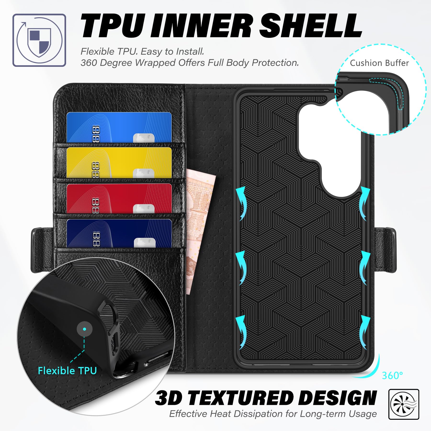 TUCCH Cover per Galaxy S26 Ultra 5G, Custodia Pelle Sintetica Portafoglio Blocco RFID Slot Porta Carte Supporto Magnetico TPU Protezione Completa per Galaxy S26 Ultra (6,9" 2026), Nero Testurizzato