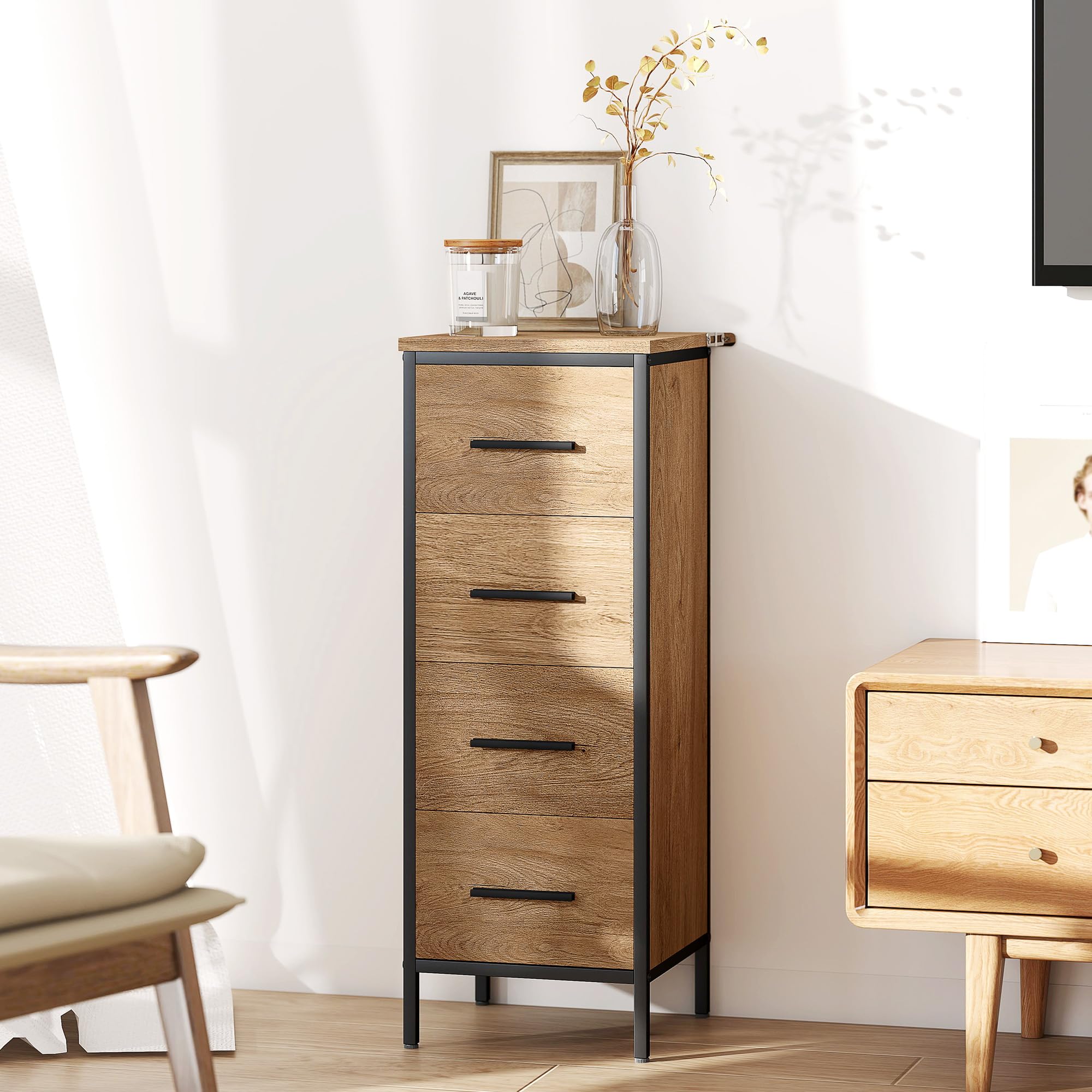 HOMCOM Armario de Baño Estrecho Mueble de Baño con Cajonera de 4 Cajones y Estructura de Acero 30x30x82 cm Color Roble