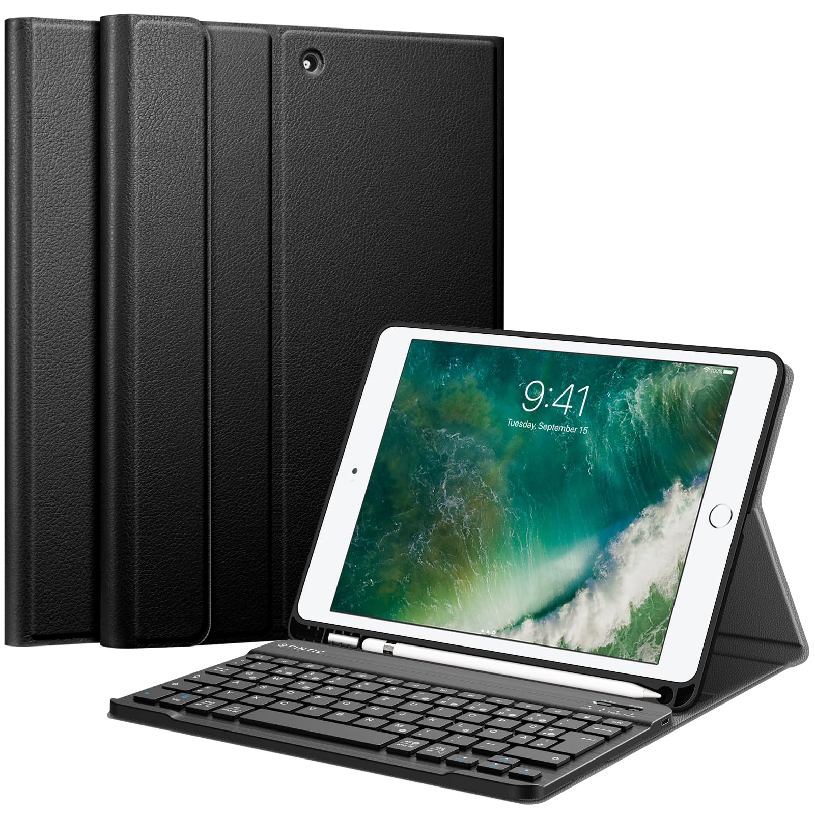 FINTIE Tastatur Hülle für iPad 9.7 2018 (6. Generation), Soft TPU Rückseite Gehäuse Keyboard Case mit eingebautem Pencil Halter, magnetisch Abnehmbarer QWERTZ Bluetooth Tastatur, Schwarz