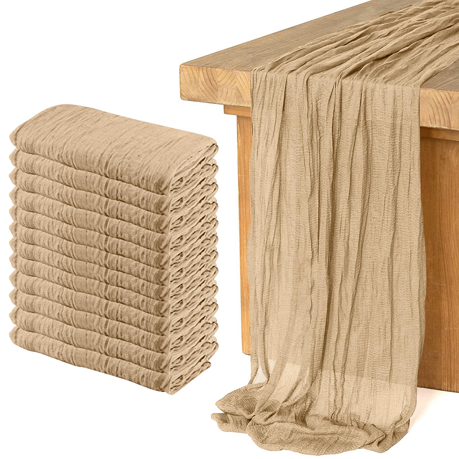 12 Pack Cheesecloth Table Runner, 10ft Rustic Sheer Runner Gauze Tablecloth Boho Wedding Decor Romantic Table Runner for Wedding Bridal Shower Birthday Party(35" x 118") (Light Brown)