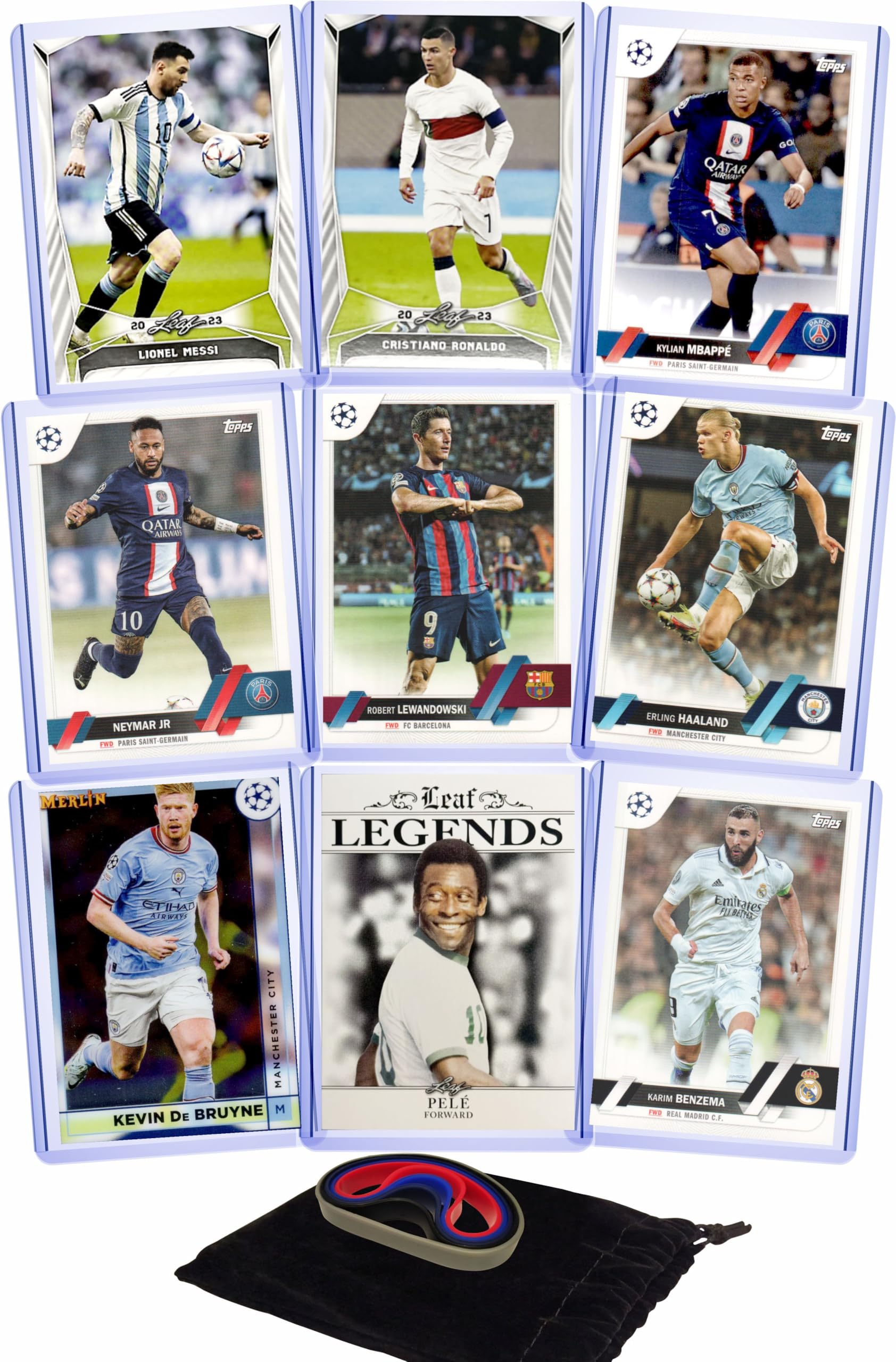 Soccer Cards: Lionel Messi, Cristiano Ronaldo, Kylian Mbappe, Robert Lewandowski, Erling Haaland, Neymar Jr., Pelé, Karim Benzema, Kevin de Bruyne (9) Assorted Top Star Soccer Cards &/or Sticker Card Gift Pack
