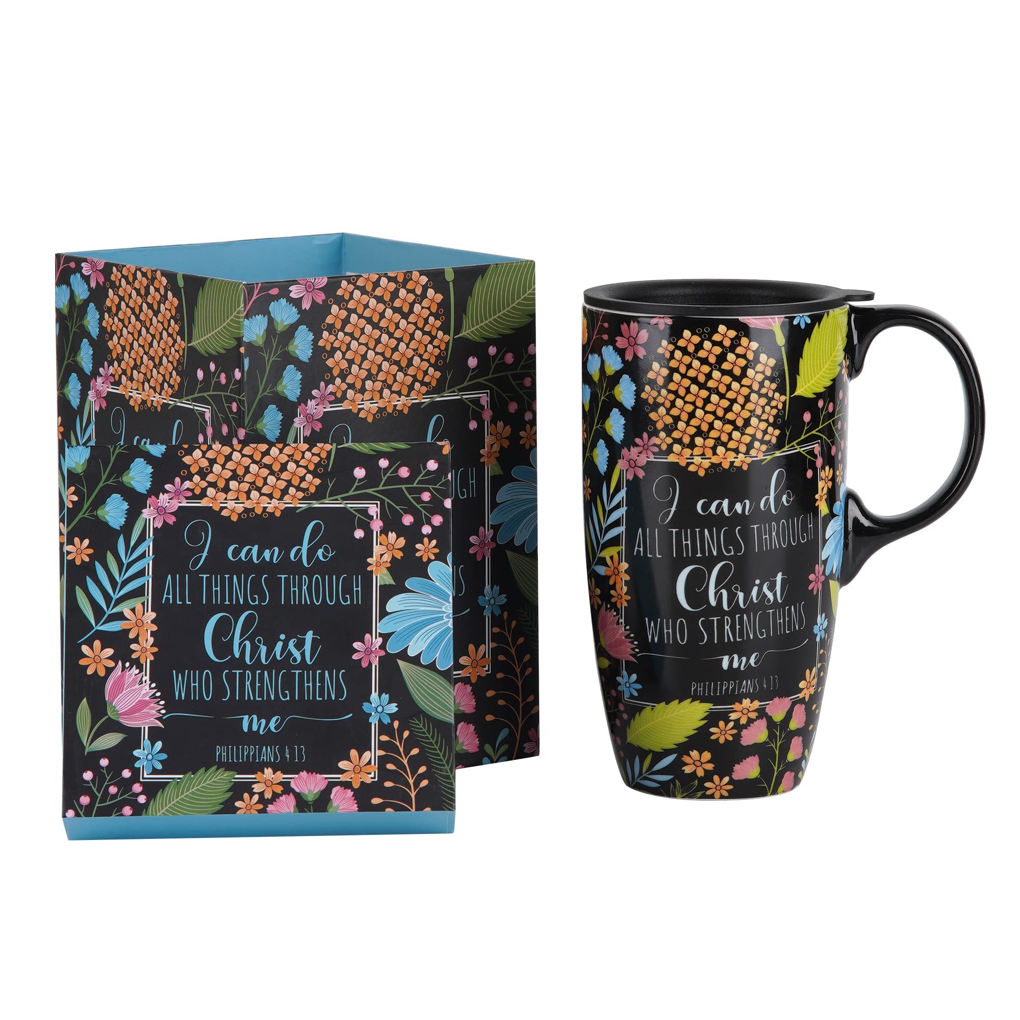 DUSVALLY Ceramic Mug Tall Coffee Cup with Lid, Handle and Gift Box Latte Mug 17oz,Flowers, Medium (Approx. 3.5 x 6.5 inches)