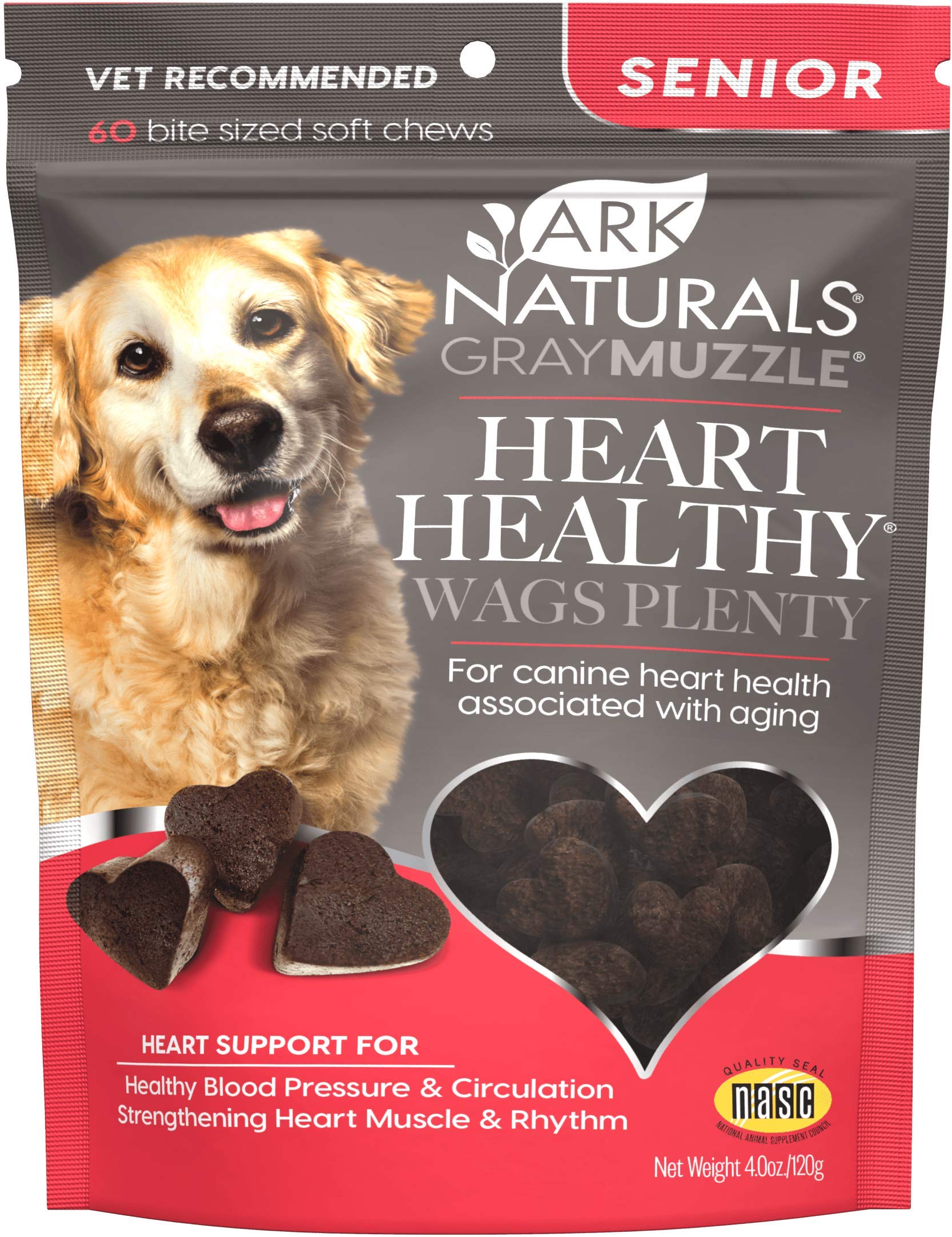 ARK NATURALSGray Muzzle Heart Healthy Wags Plenty Dog Chews, Vet Recommended for Senior Dogs to Support Heart Muscle, Blood Pressure and Circulation, Natural Ingredients, 60 Count