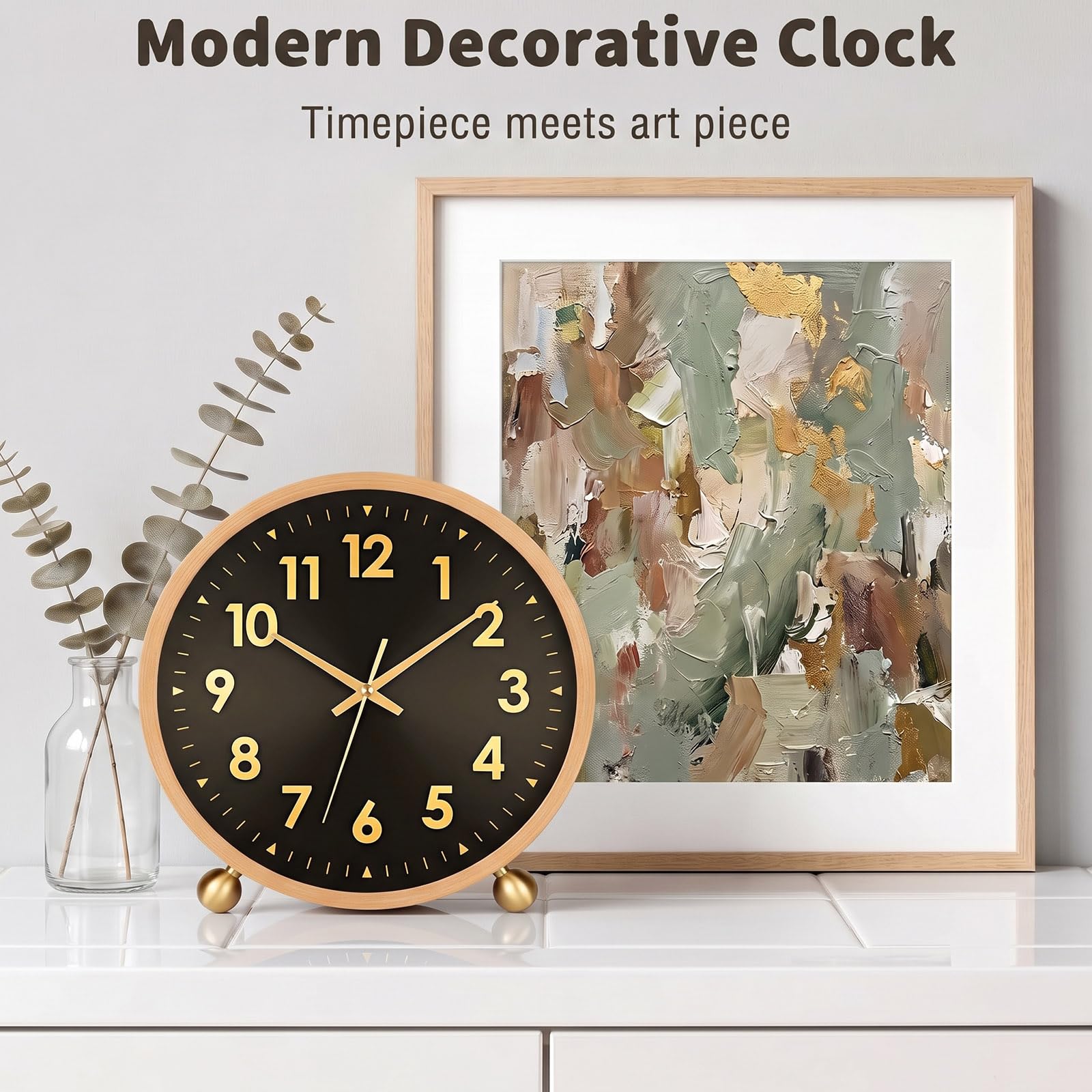 Reloj de escritorio analógico de madera, 20 cm, sin garrapatas, para