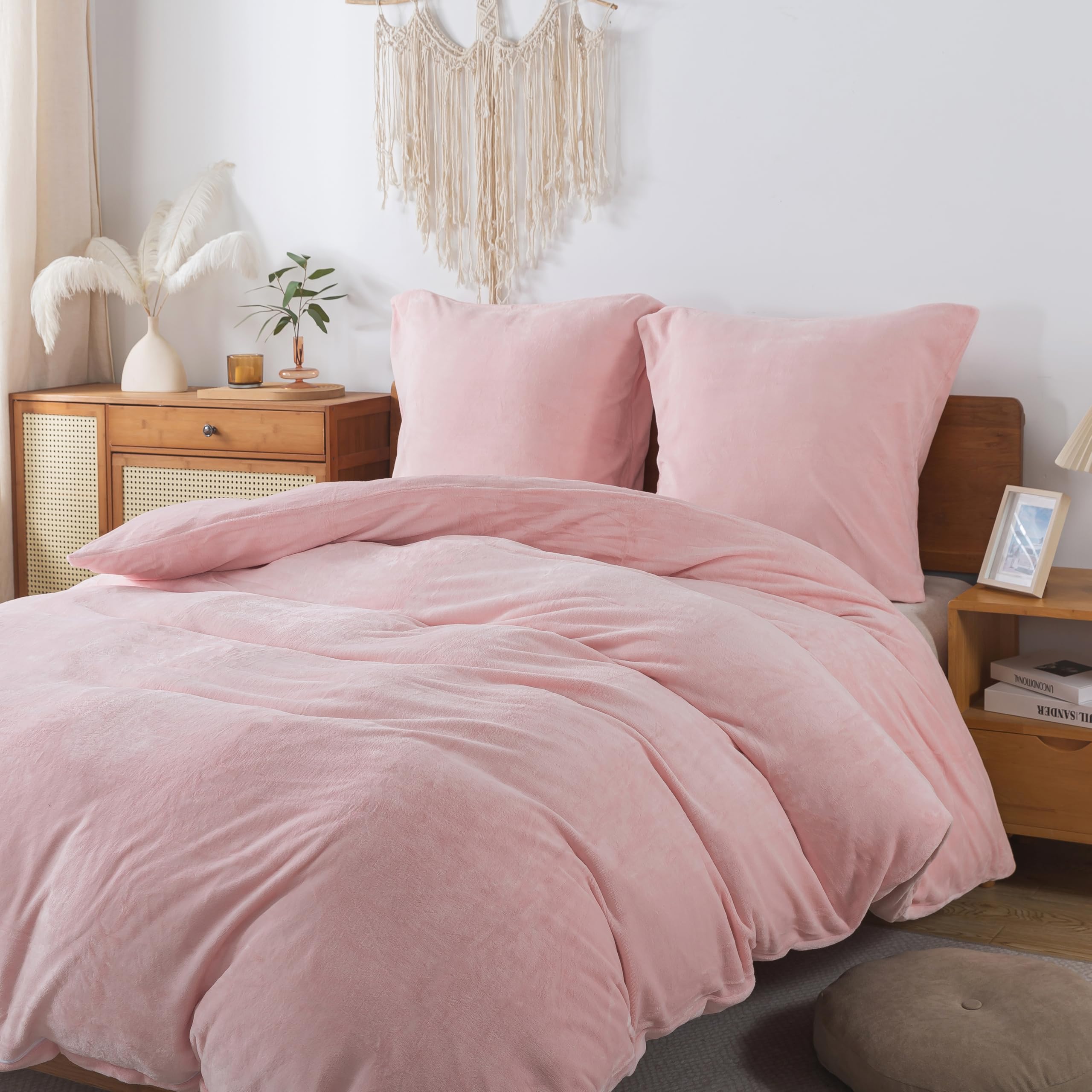 Juego de ropa de cama esponjosa de 200 x 200 cm, color rosa – Edredón de otoño invierno con 2 fundas de almohada de 80 x 80 cm, juego de ropa de cama de castor cálido, suave y acogedor