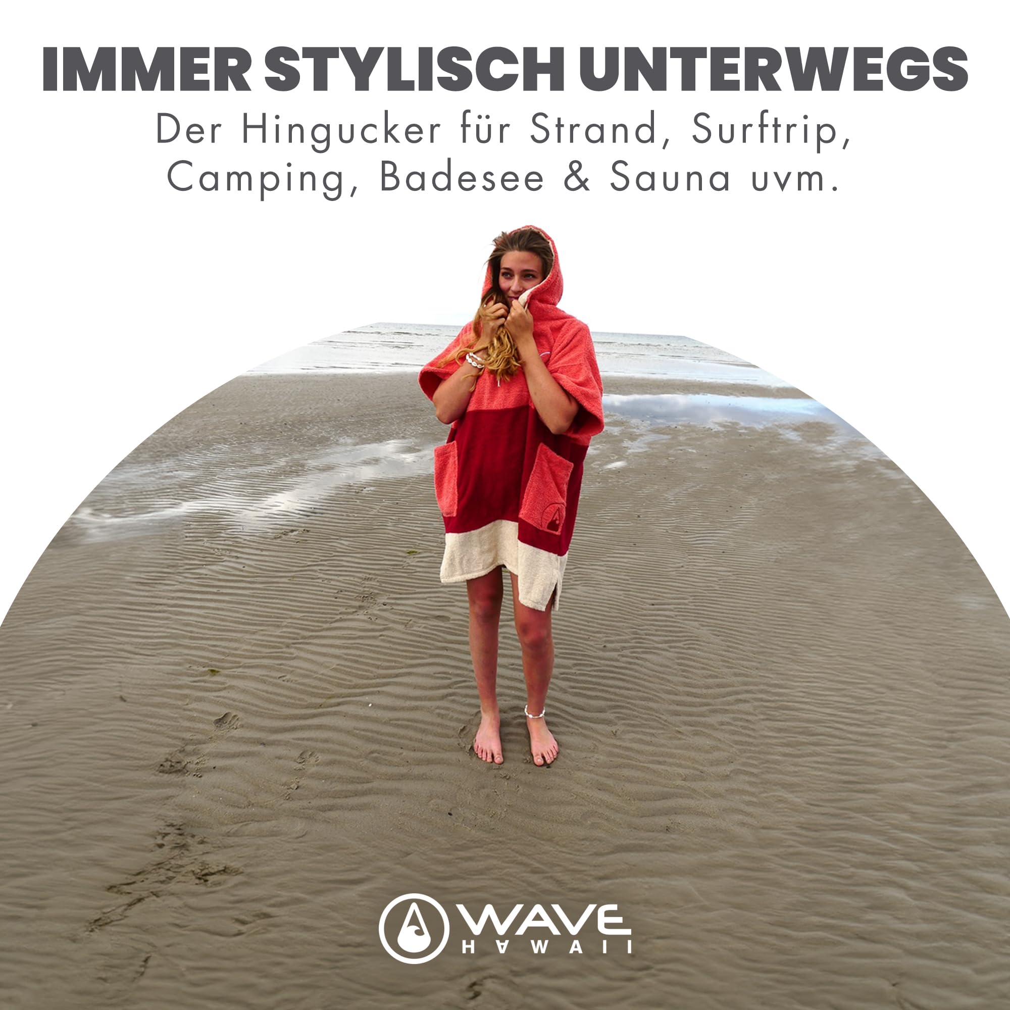 WAVE HAWAII Bade-Poncho Damen & Herren, Größe S, 151-173cm, 100% Baumwolle Surf-Poncho für Erwachsene, Frottee Handtuch mit hoher Wasserabsorption, Umziehhilfe Strand Erwachsene
