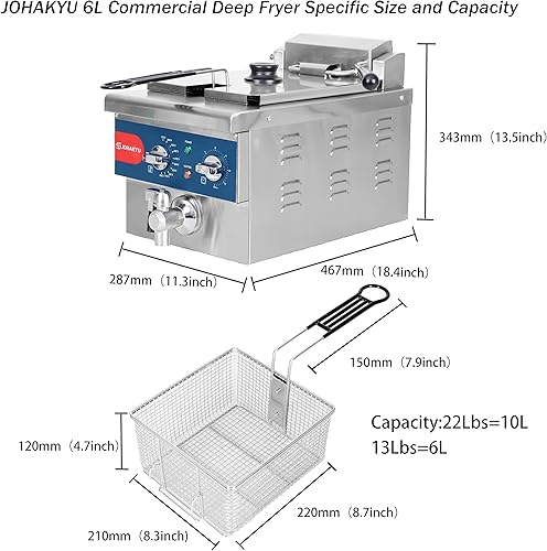 Miniatura 6 de Freidora eléctrica comercial de 13 libras con cesta sólida de fácil montaje, temporizador, drenaje, cabezal de freidora oscilante, 120 V, 1800 W,