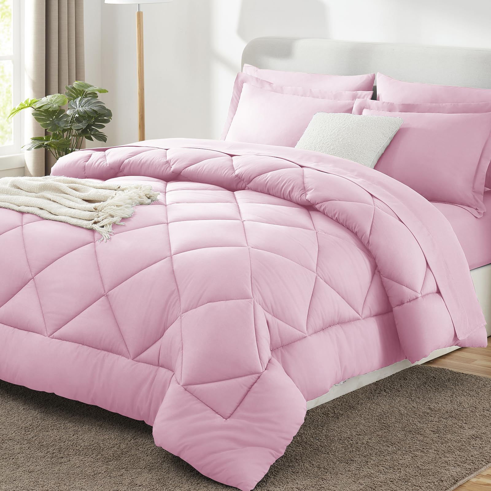 Queen Comforter Set with Sheets Light Pink - 7 Pieces Bed in a Bag | OEKO-TEX Certified, All Season, 240GSM Down-Alternative Comforter, Sheets, Pillowcases & Shams, 14" Deep Pocket, Easy Care Light Pink Queen