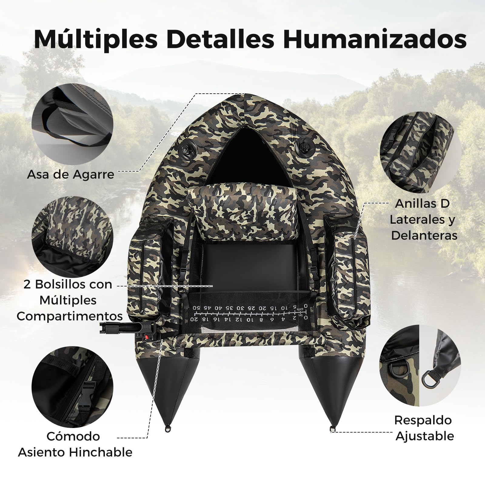 COSTWAY Barco de Pesca Inflable, Kayak Hinchable con 2 Aletas, Bomba Manual, Regla para Peces, Soporte para Caña, Bolsillos, Respaldo Ajustable y Correas, Bote Portátil para Adultos, Camuflaje