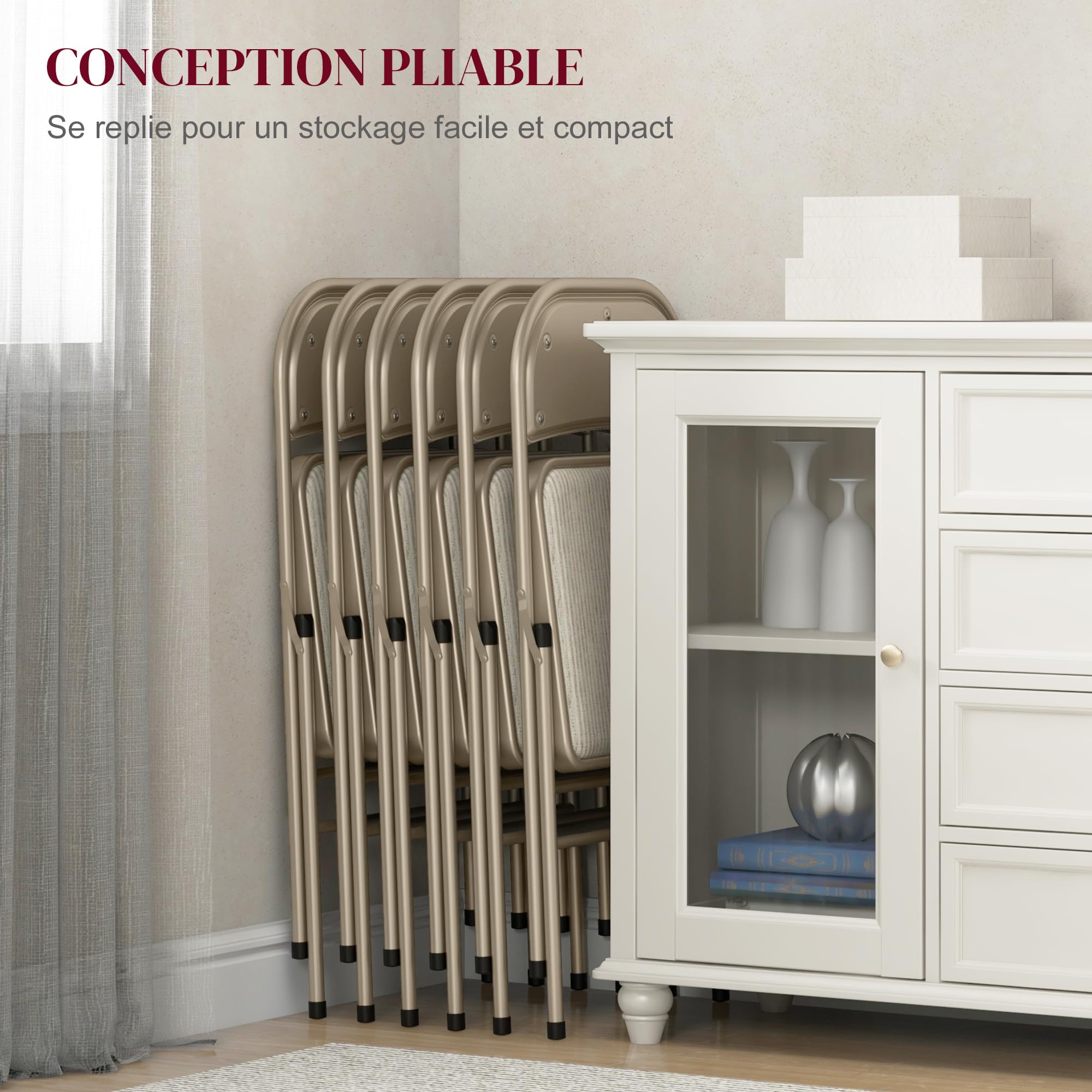 HOMCOM Juego de 6 sillas Plegables sillas de Comedor portátiles Silla Plegable de Interior con cojín de Lino y Estructura de Acero Dim. 45W x 46D x 78H cm Beige