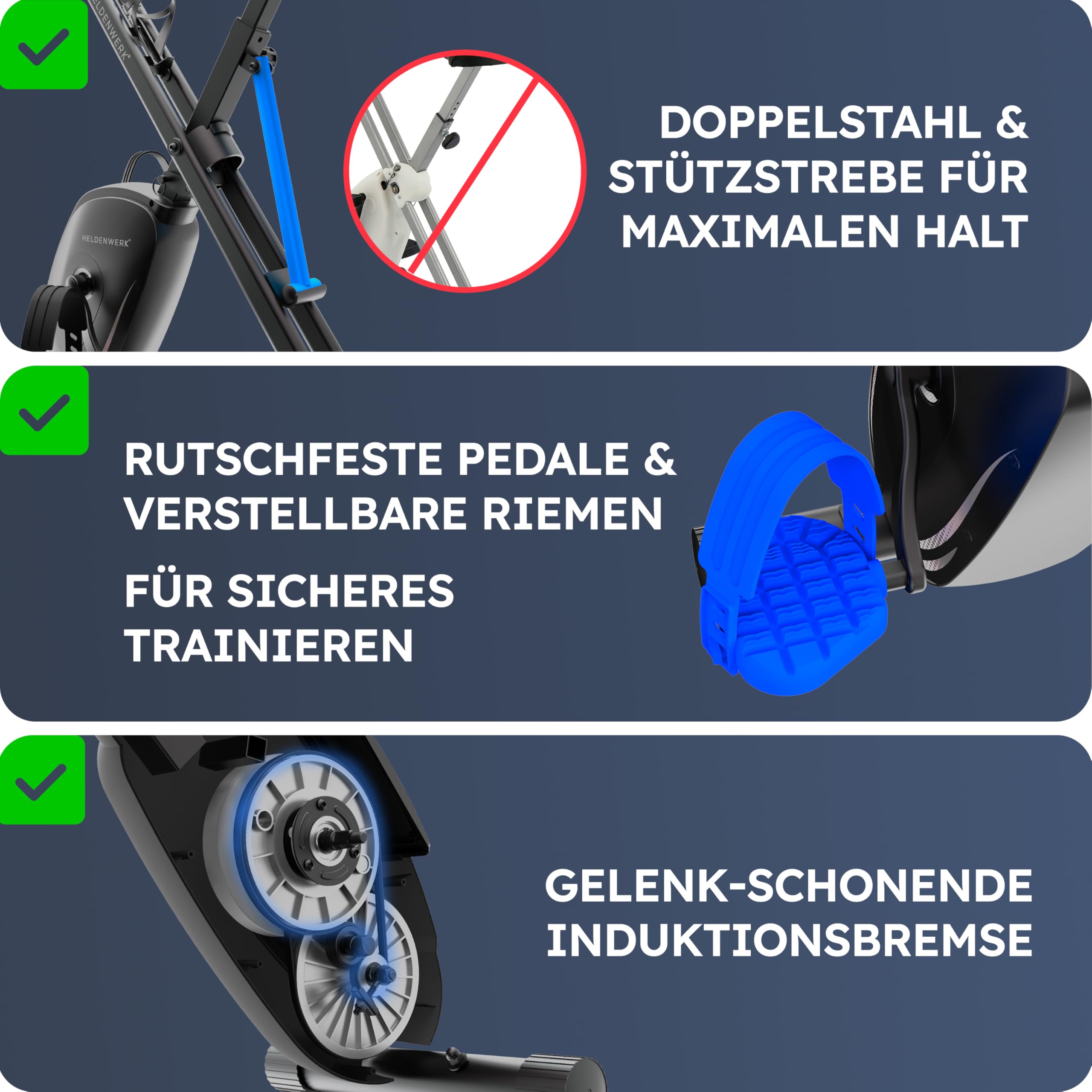 HELDENWERK Cyclette pieghevole set extra comodo e silenzioso [FlexiFoam] portata fino a 150 kg, ergometro, cyclette, cyclette, per anziani, fitness, per la casa